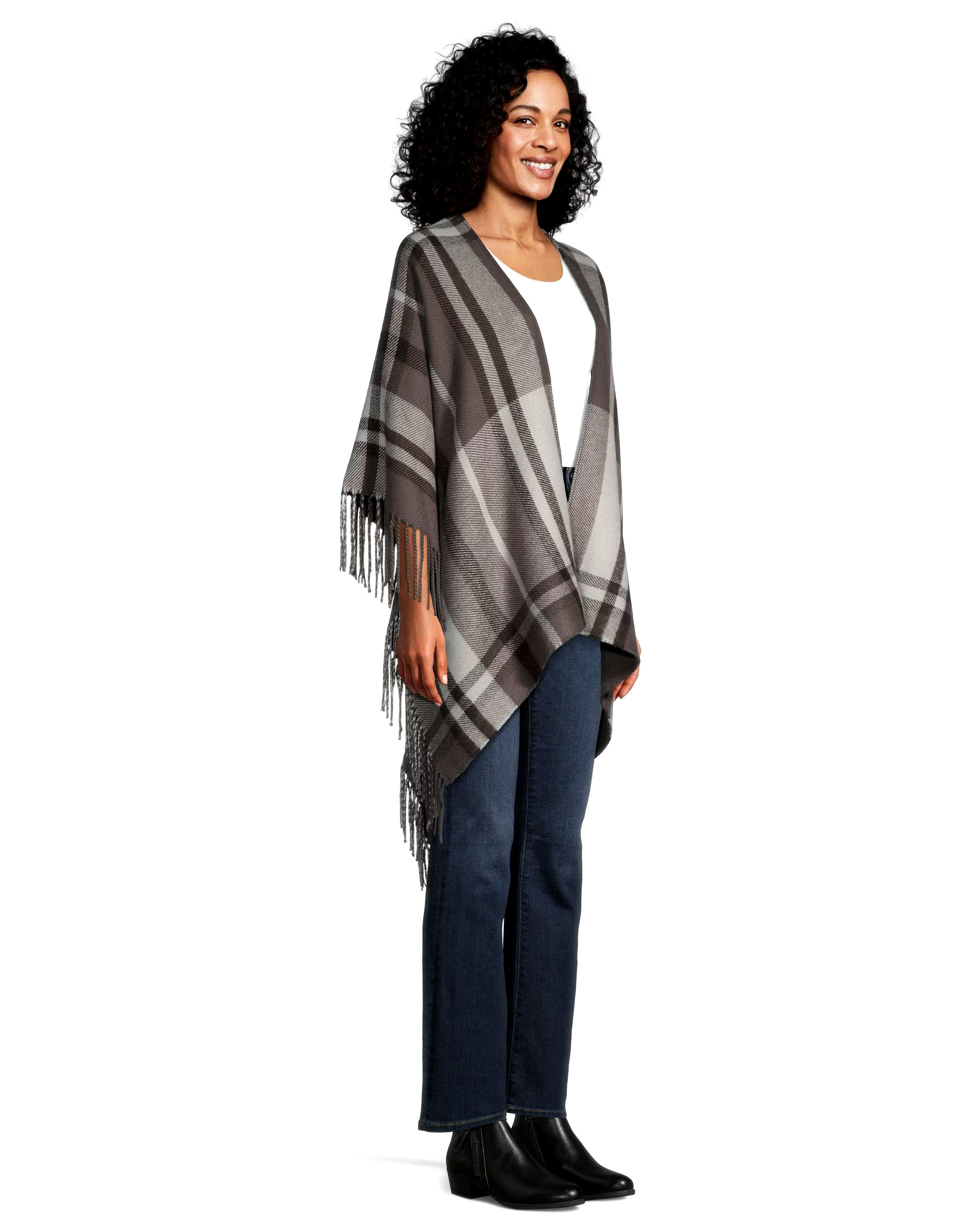 Denver Hayes Women's Plaid Fringe Ruana Shawl