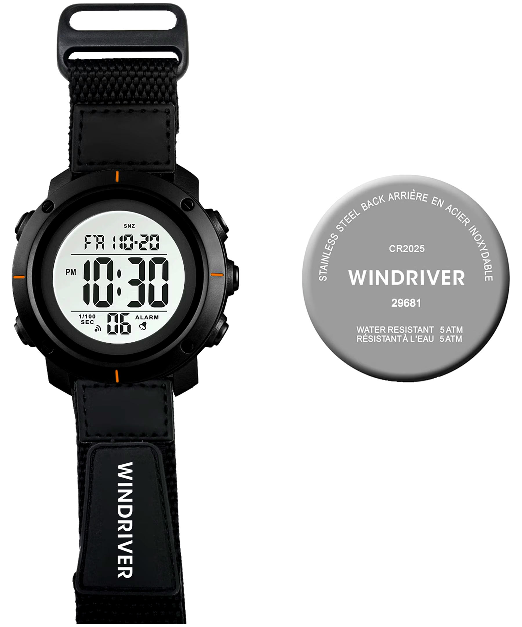 WindRiver Digital Water Resistant Watch with Velcro Strap
