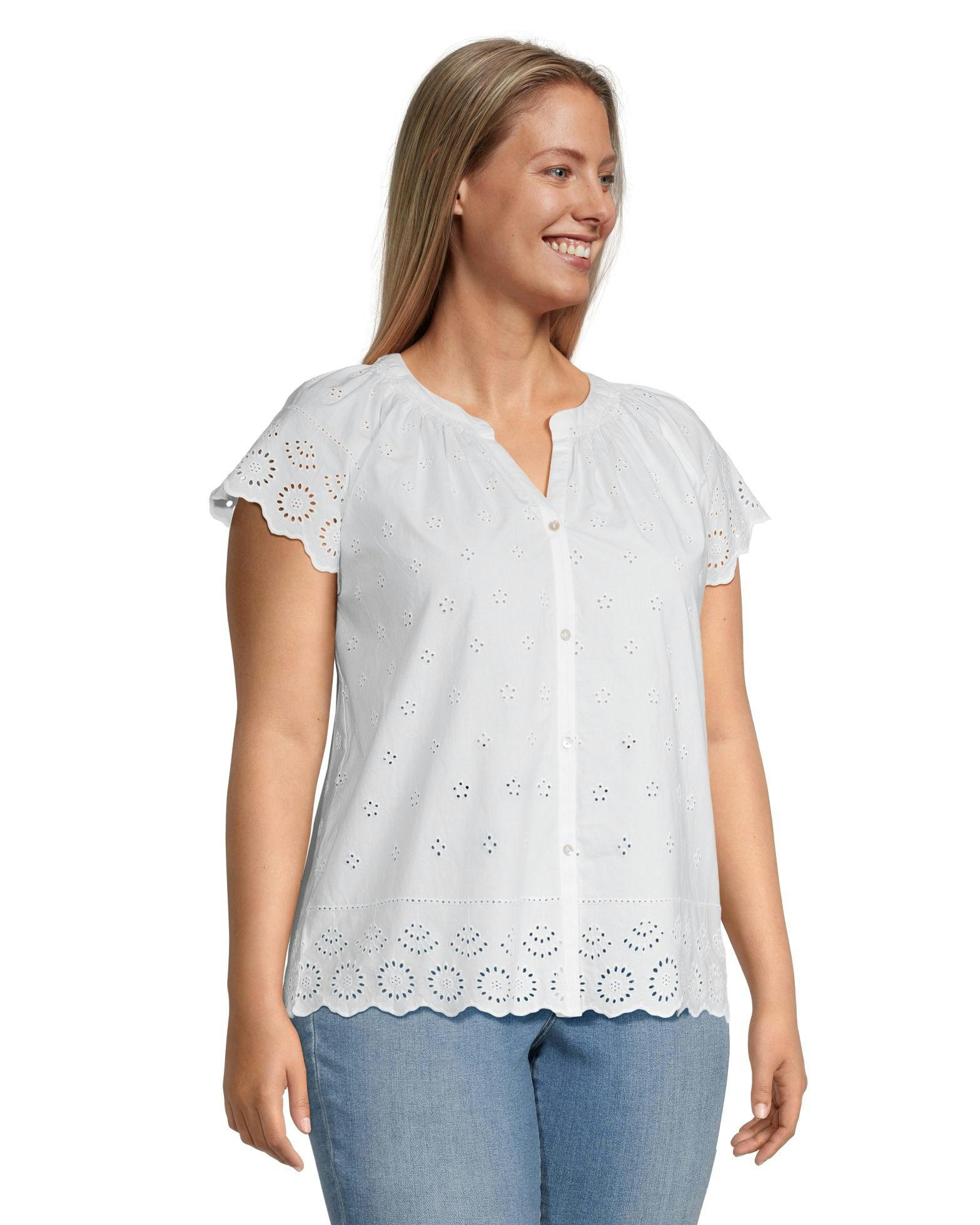 Denver Hayes Women's Embroidered Semi-Fitted Eyelet Cotton Blouse
