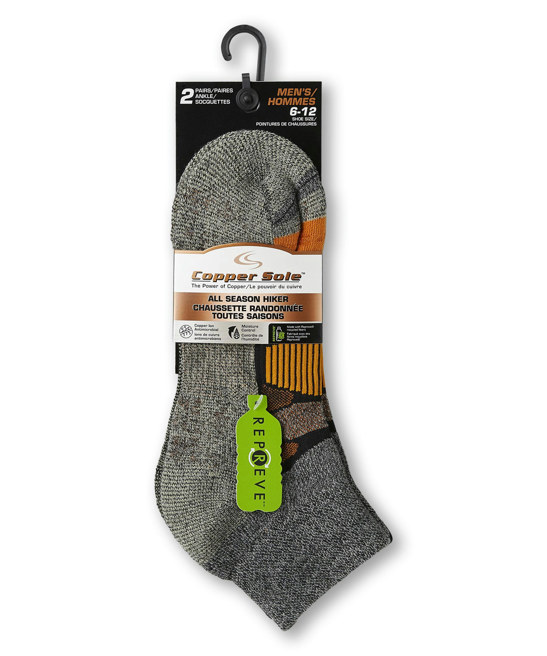 Copper Sole Men's 2 Pack All Season Hiking Moisture Guard Technology Ankle Socks