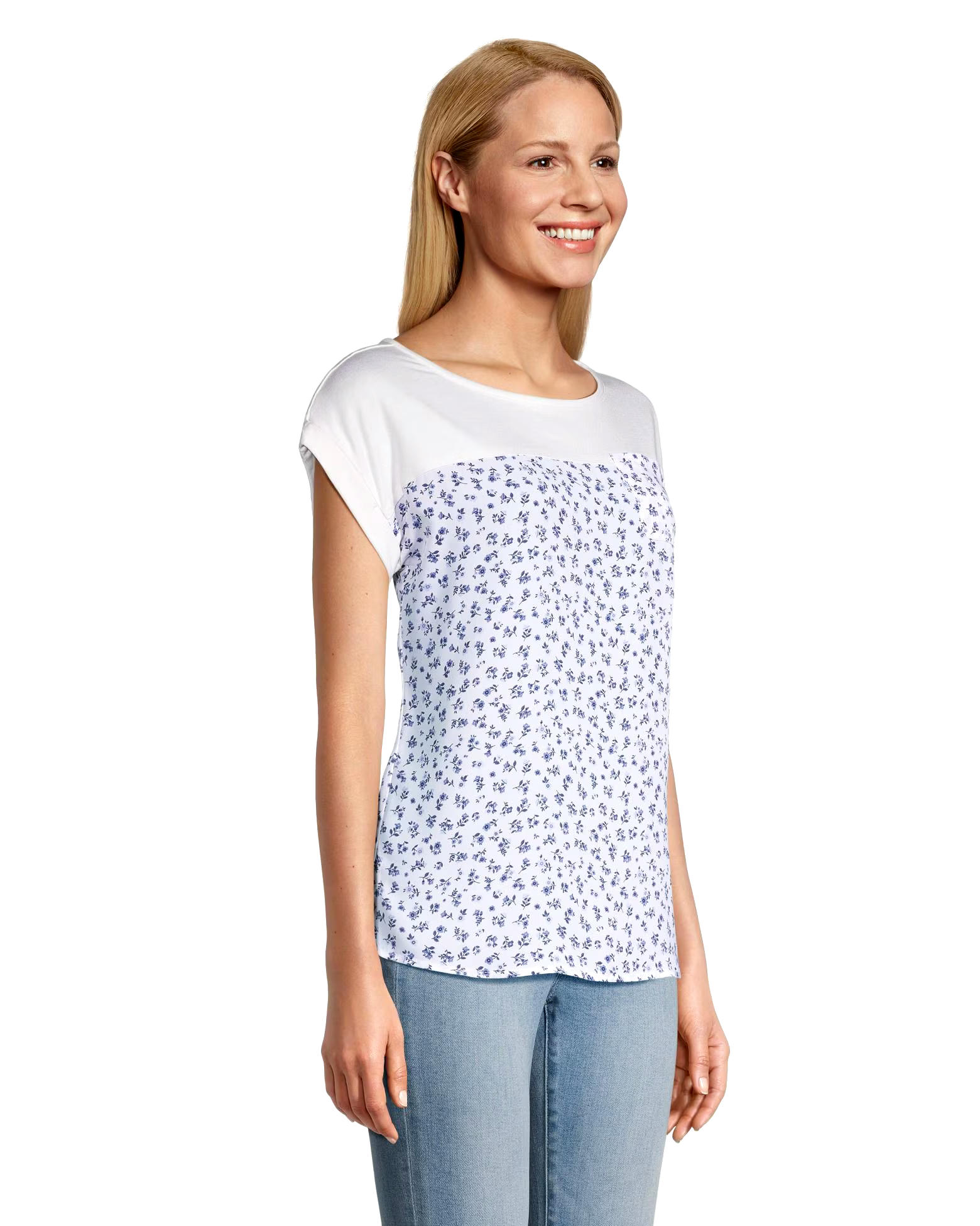 Denver Hayes Women's Mixed Media Printed Short Sleeve Blouse