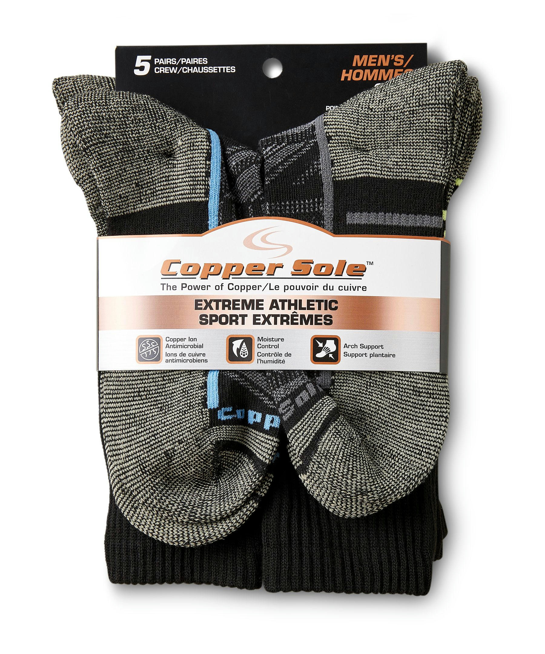 Copper Sole Men's 5 Pack Extreme Athletic Crew Socks with Moisture Guard