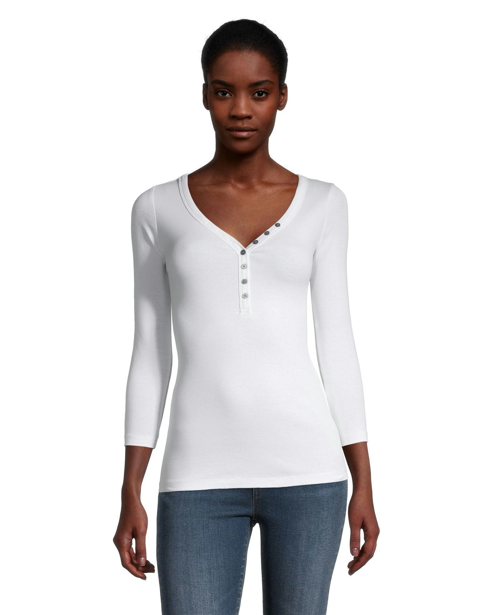 Denver Hayes Women's Three Quarter Sleeve Fitted Henley T Shirt