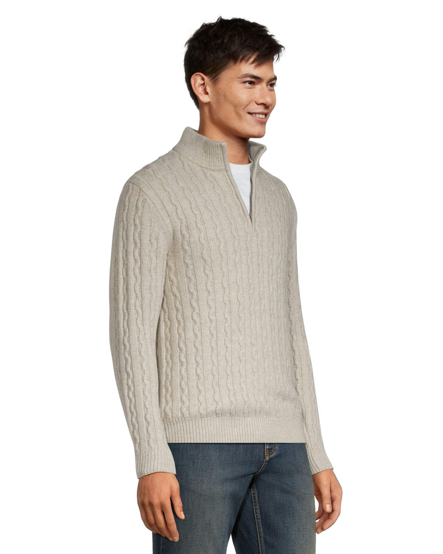 Denver Hayes Men's Cable Stitch Quarter Close Mock Neck Sweater