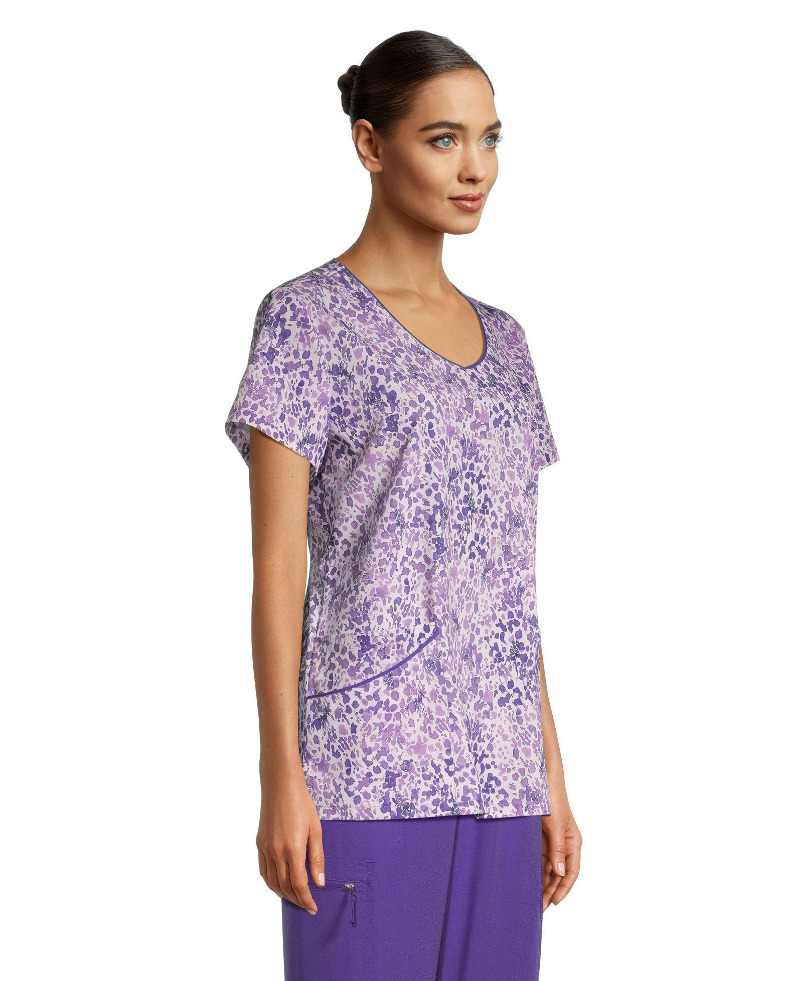 Scrubletics Women's Curved V-Neck Print Scrub Top Violet Skin