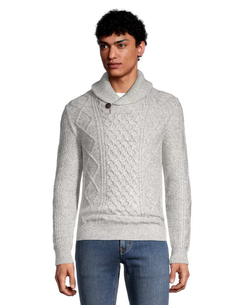 WindRiver Men's Heritage Modern Fit Cable Buttoned Shawl Collar Sweater