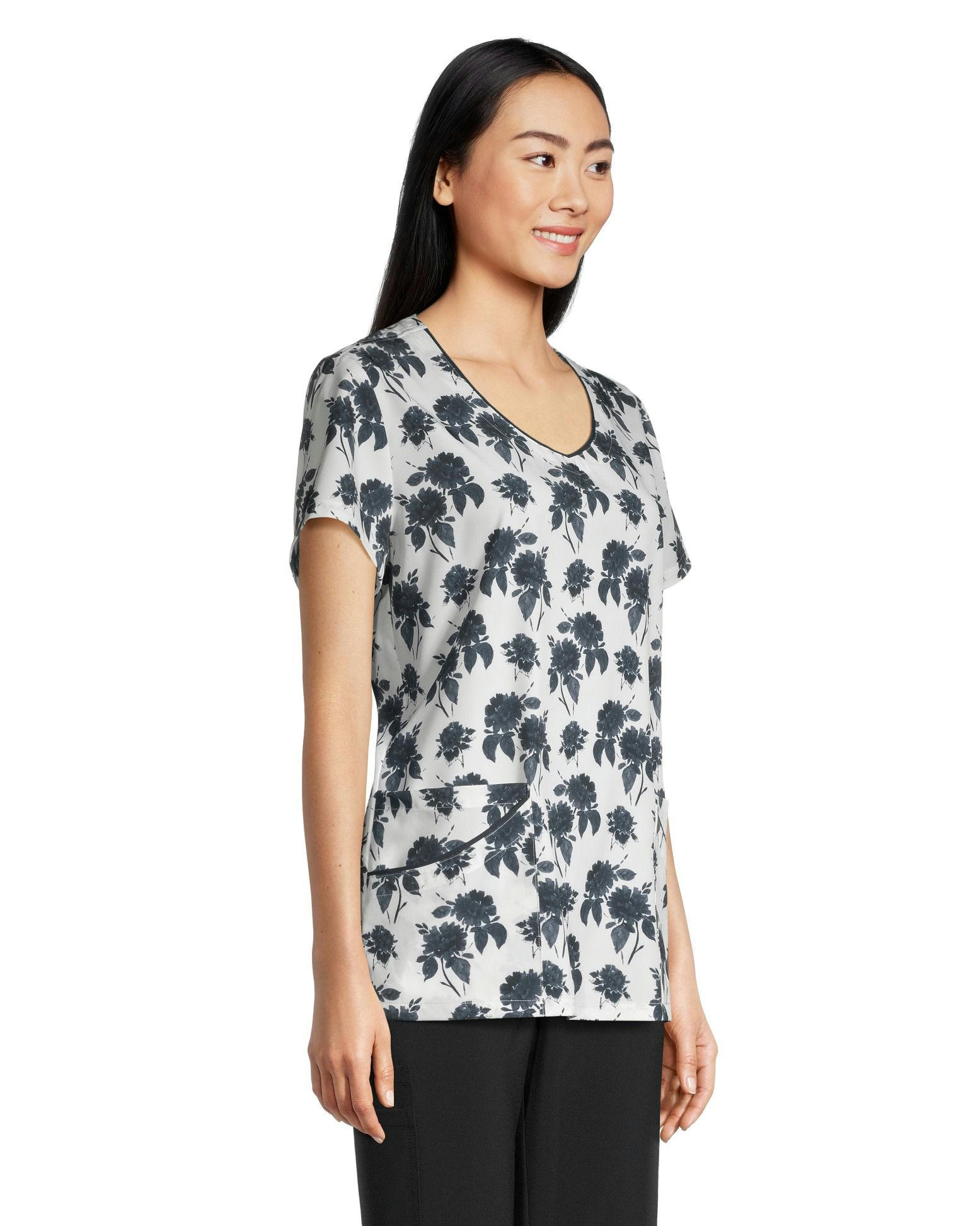 Scrubletics Women's Curved V-Neck Print Scrub Top - Black Bloom