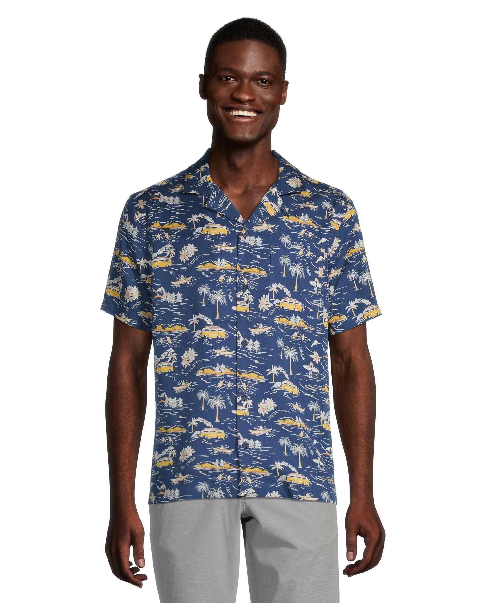 FarWest Men's Modern Fit Short Sleeve AOP Camp Collar Shirt