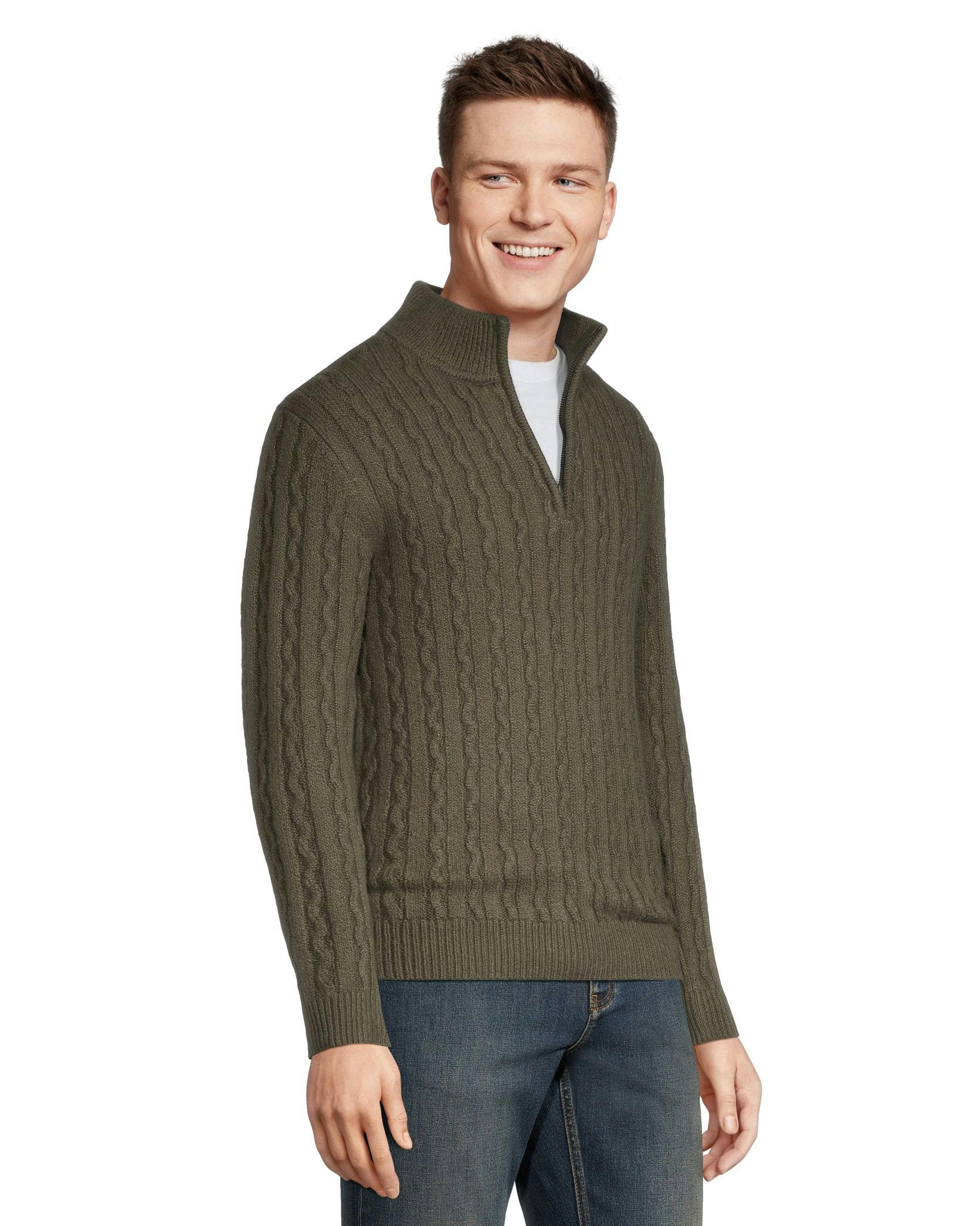 Denver Hayes Men's Cable Stitch Quarter Close Mock Neck Sweater