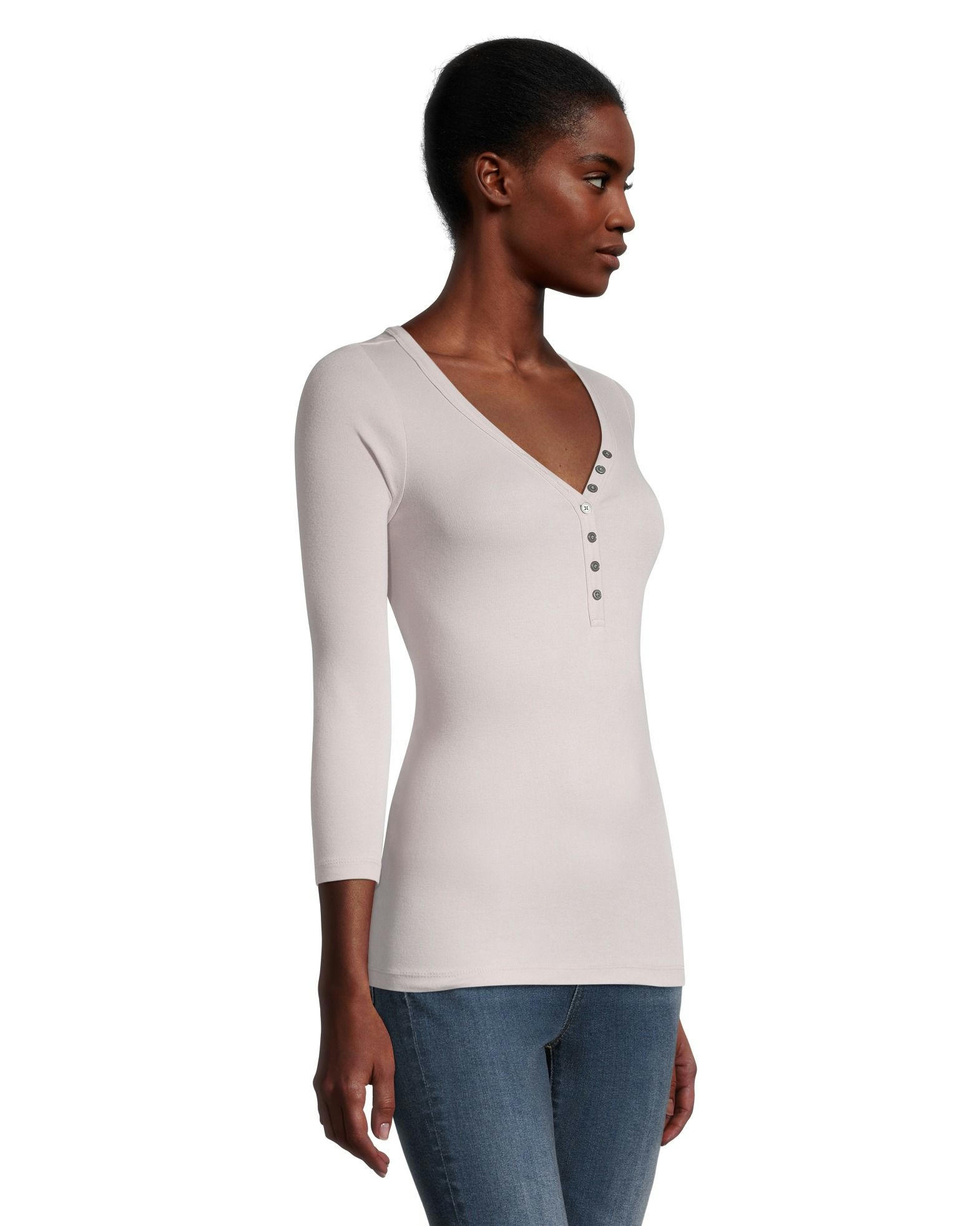 Denver Hayes Women's Three Quarter Sleeve Fitted Henley T Shirt