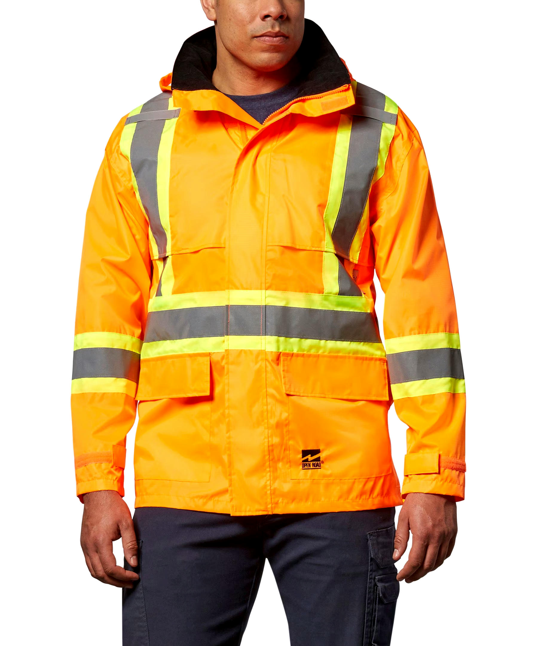 Open Road Men's Hi-Vis 150D Unlined Waterproof and Windproof Safety Rain Jacket