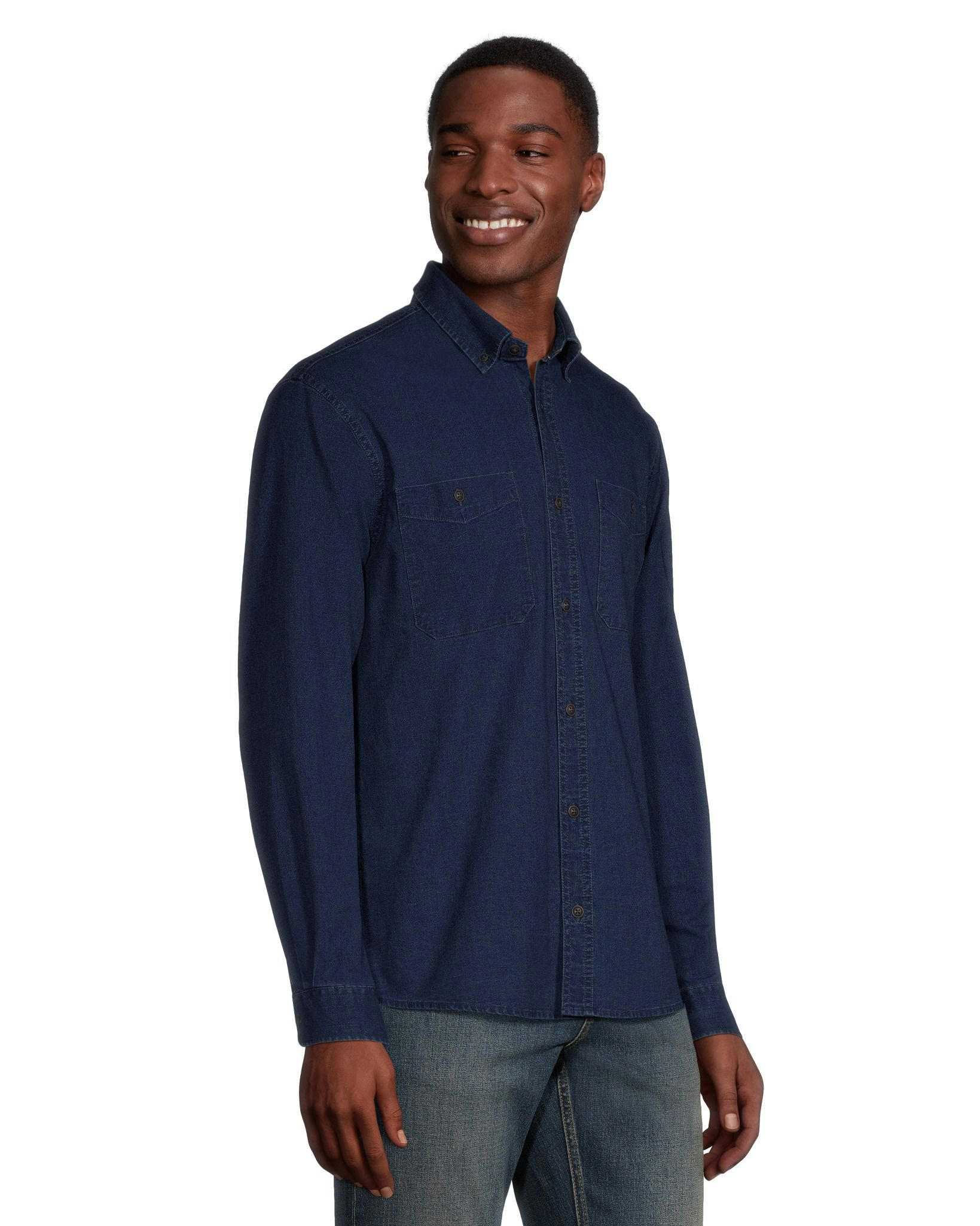 Denver Hayes Men's Modern Fit Long Sleeve Premium Stretch Woven Chambray Casual Shirt