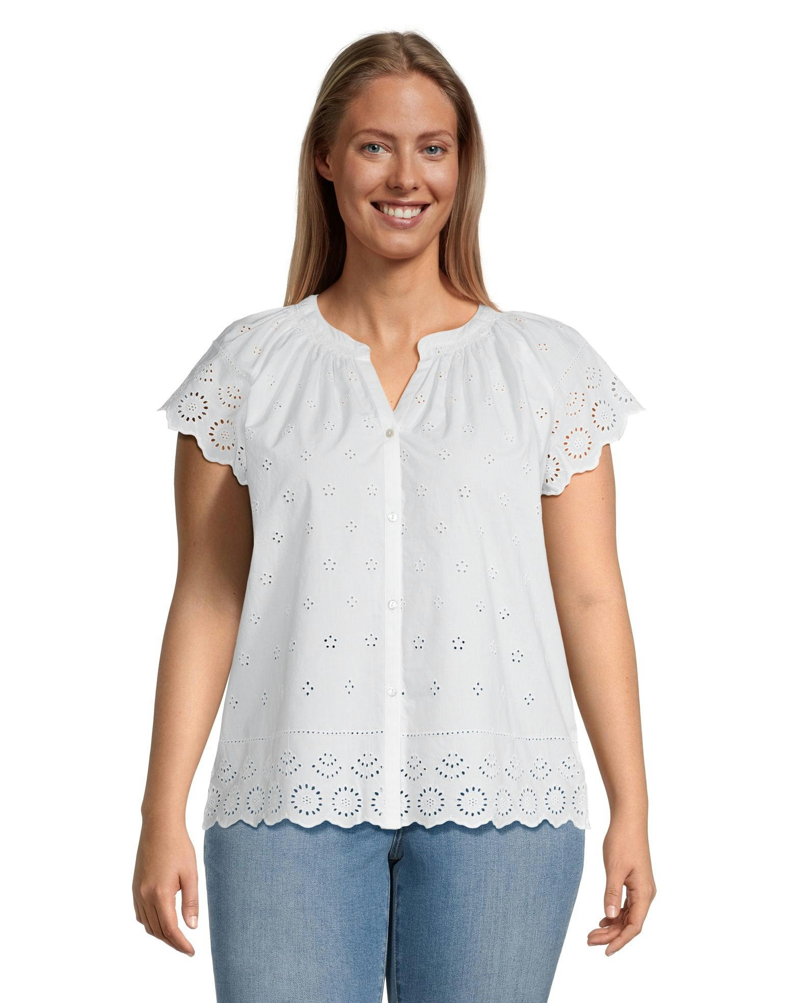 Denver Hayes Women's Embroidered Semi-Fitted Eyelet Cotton Blouse