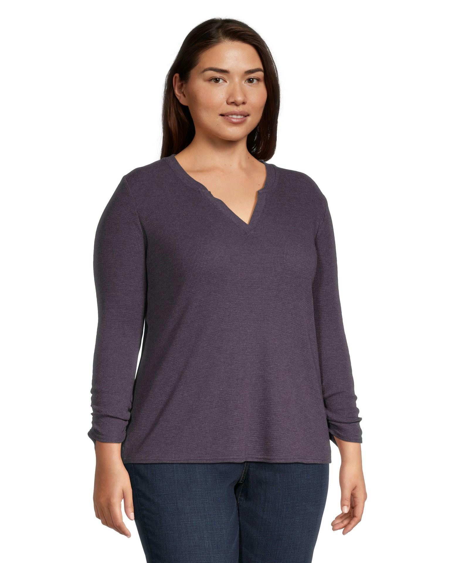 Denver Hayes Women's Semi Fitted Long Sleeve Y Neck Waffle Shirt