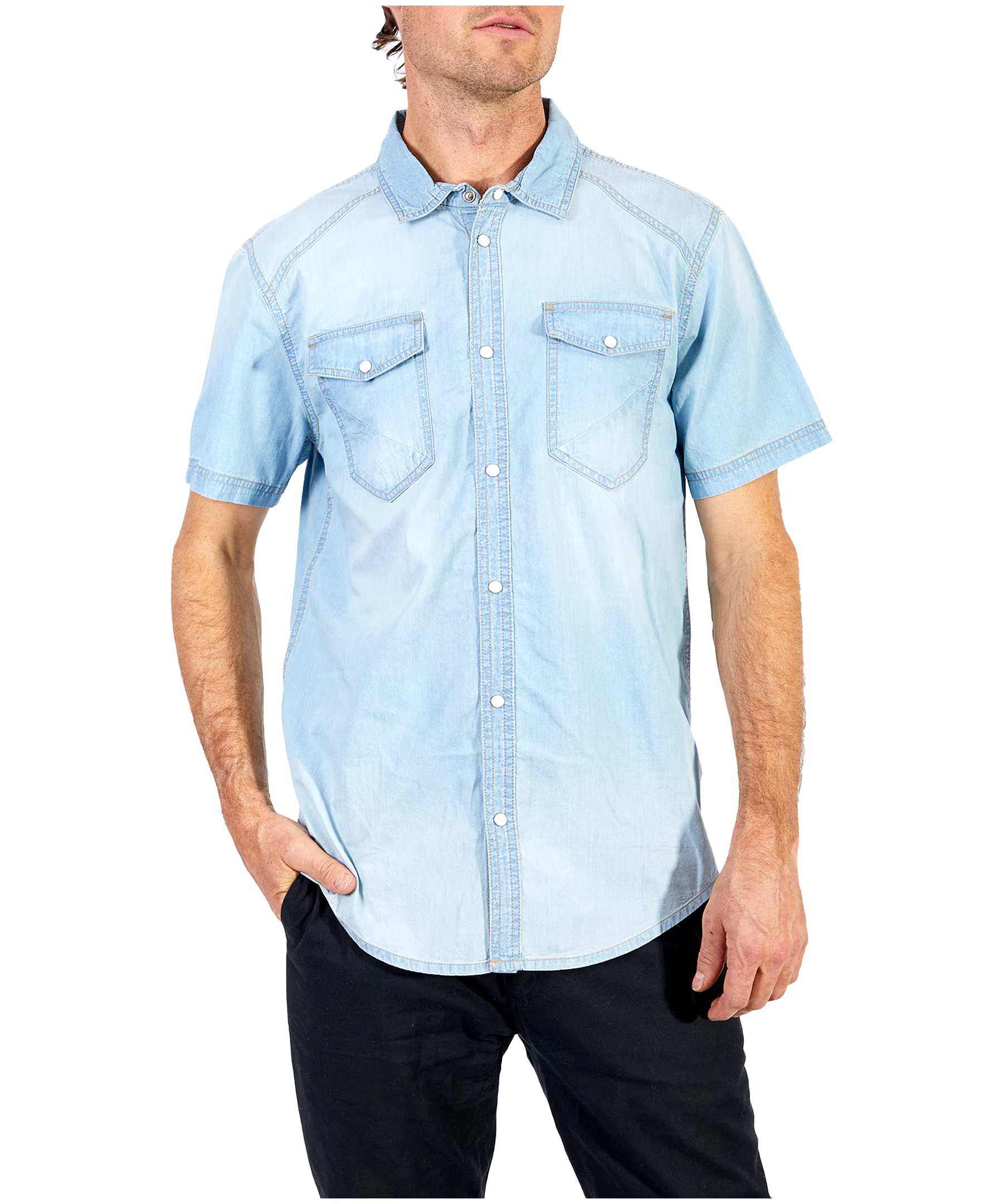 Men's Chambray Short Sleeve Modern Fit Casual Cotton Shirt