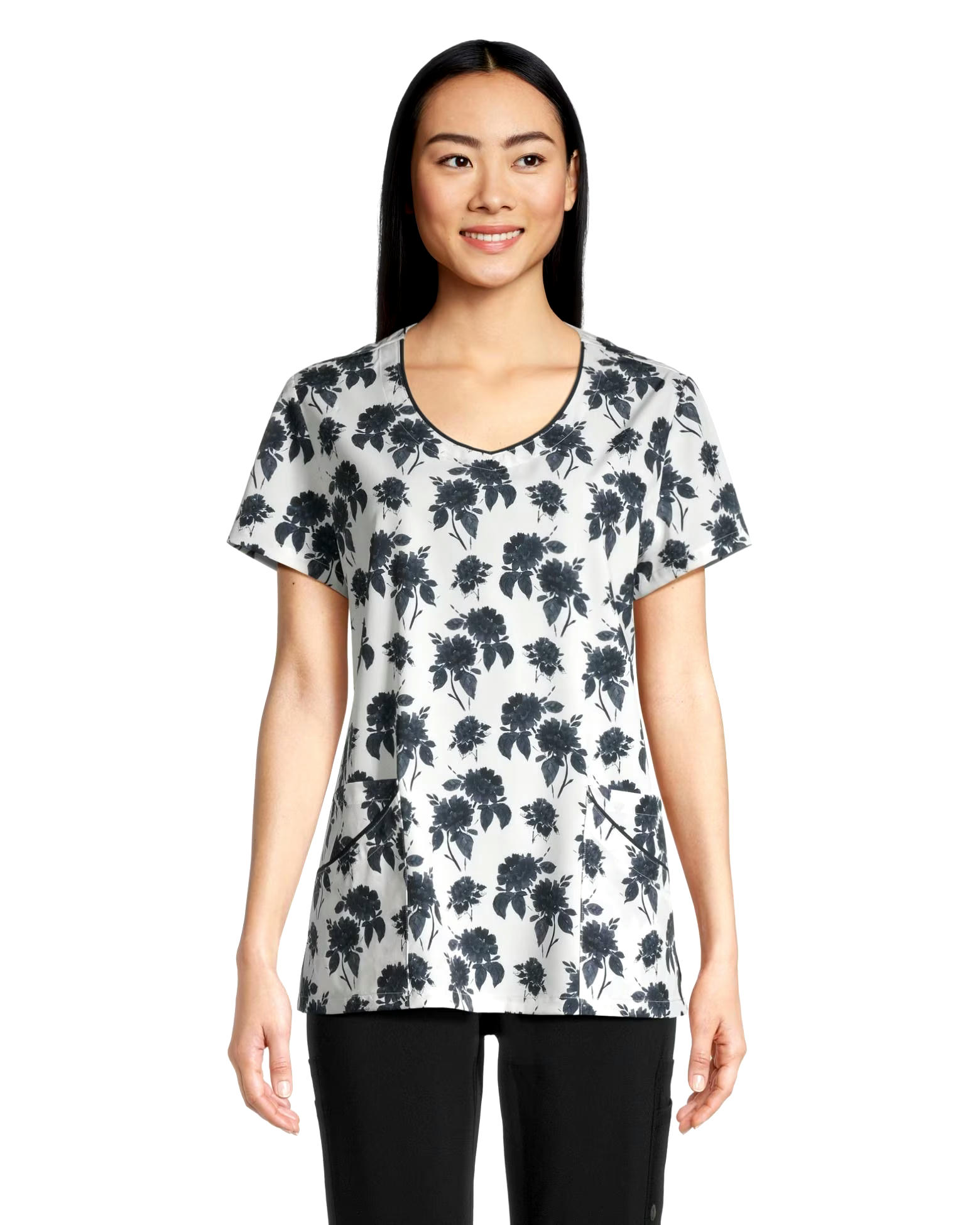 Scrubletics Women's Curved V-Neck Print Scrub Top - Black Bloom
