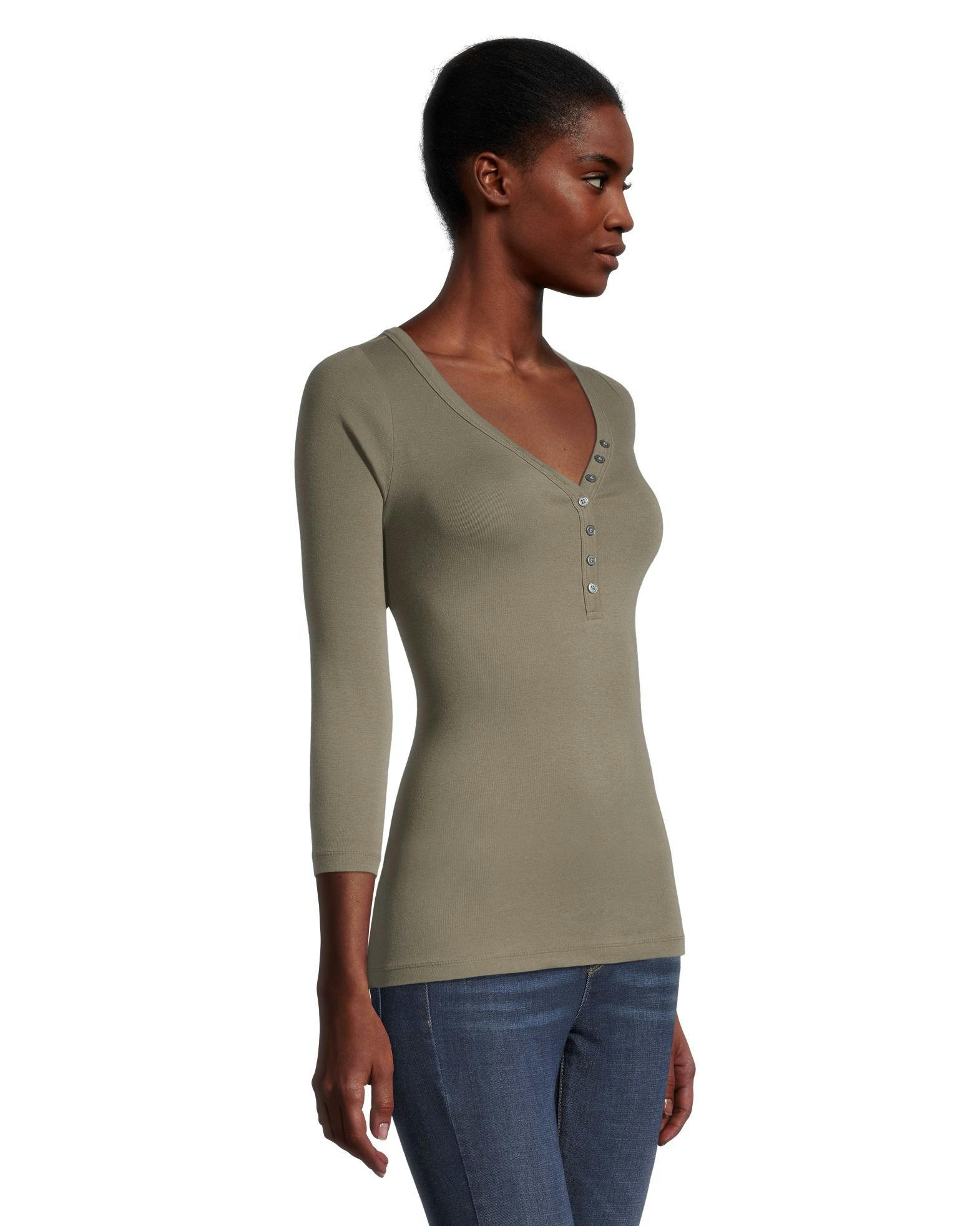 Denver Hayes Women's Three Quarter Sleeve Fitted Henley T Shirt