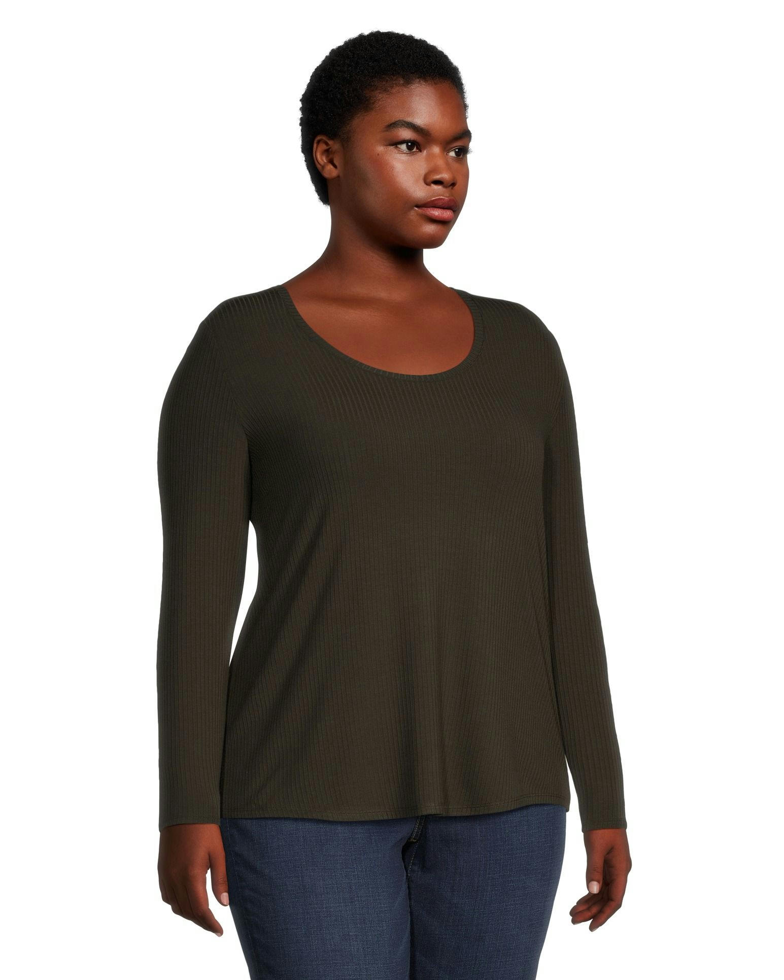 Denver Hayes Women's Relaxed Fit Long Sleeve Scoop Neck Ribbed T Shirt