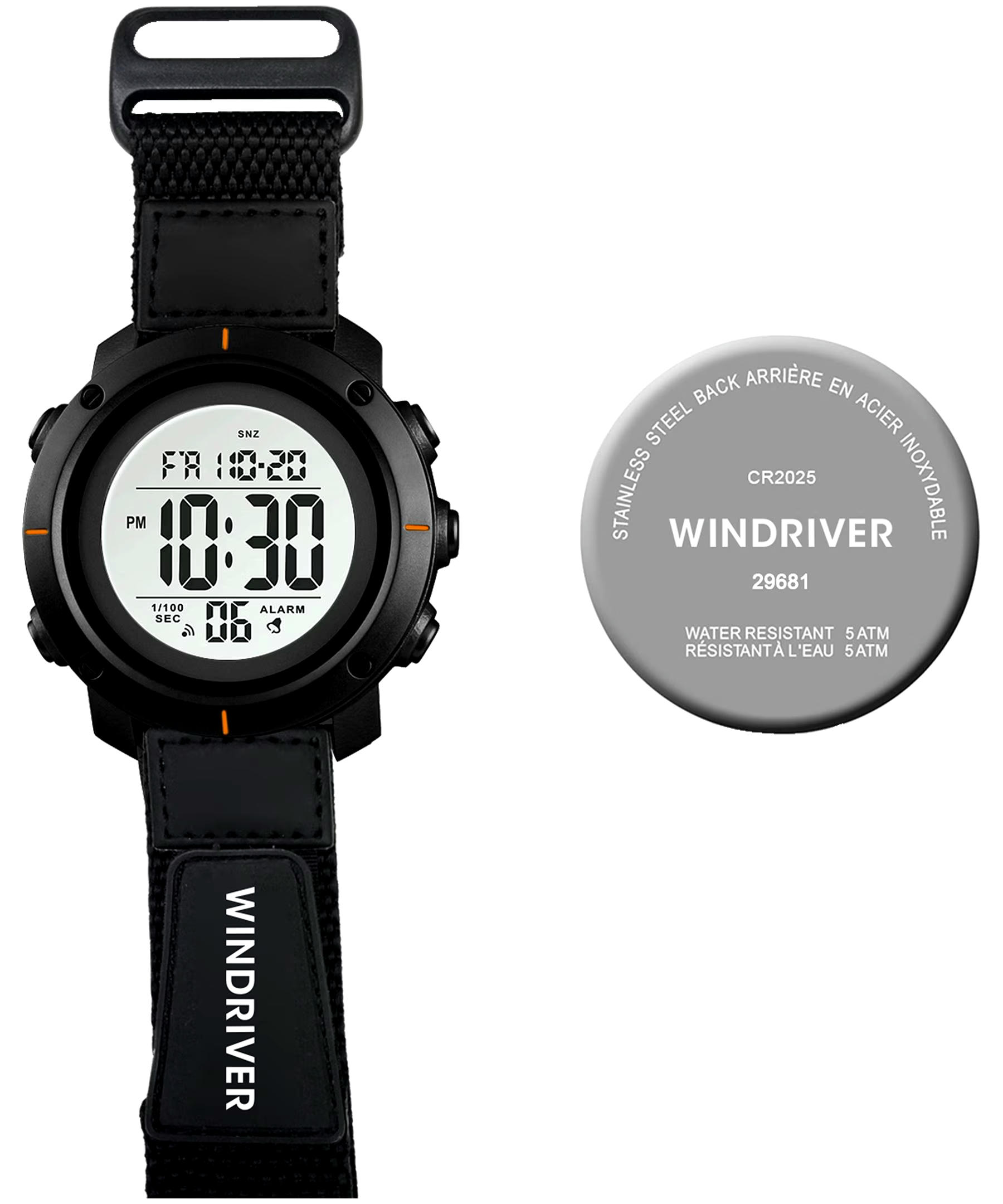 WindRiver Digital Water Resistant Watch with Velcro Strap