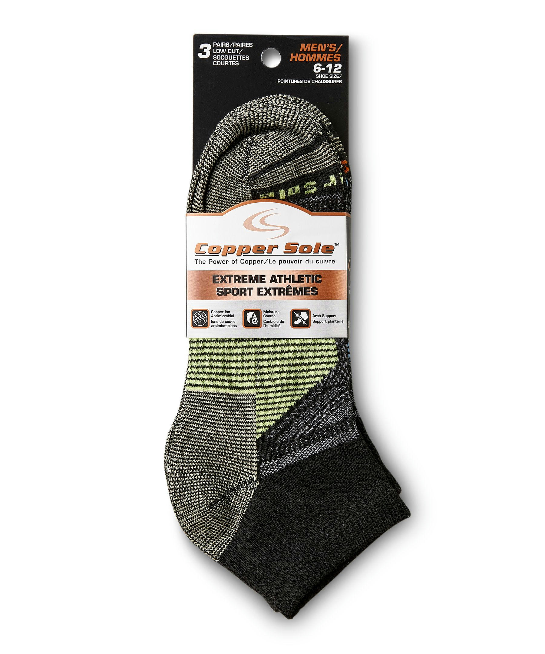 Copper Sole Men's 3 Pack Extreme Athletic Low Cut Socks with Moisture Guard