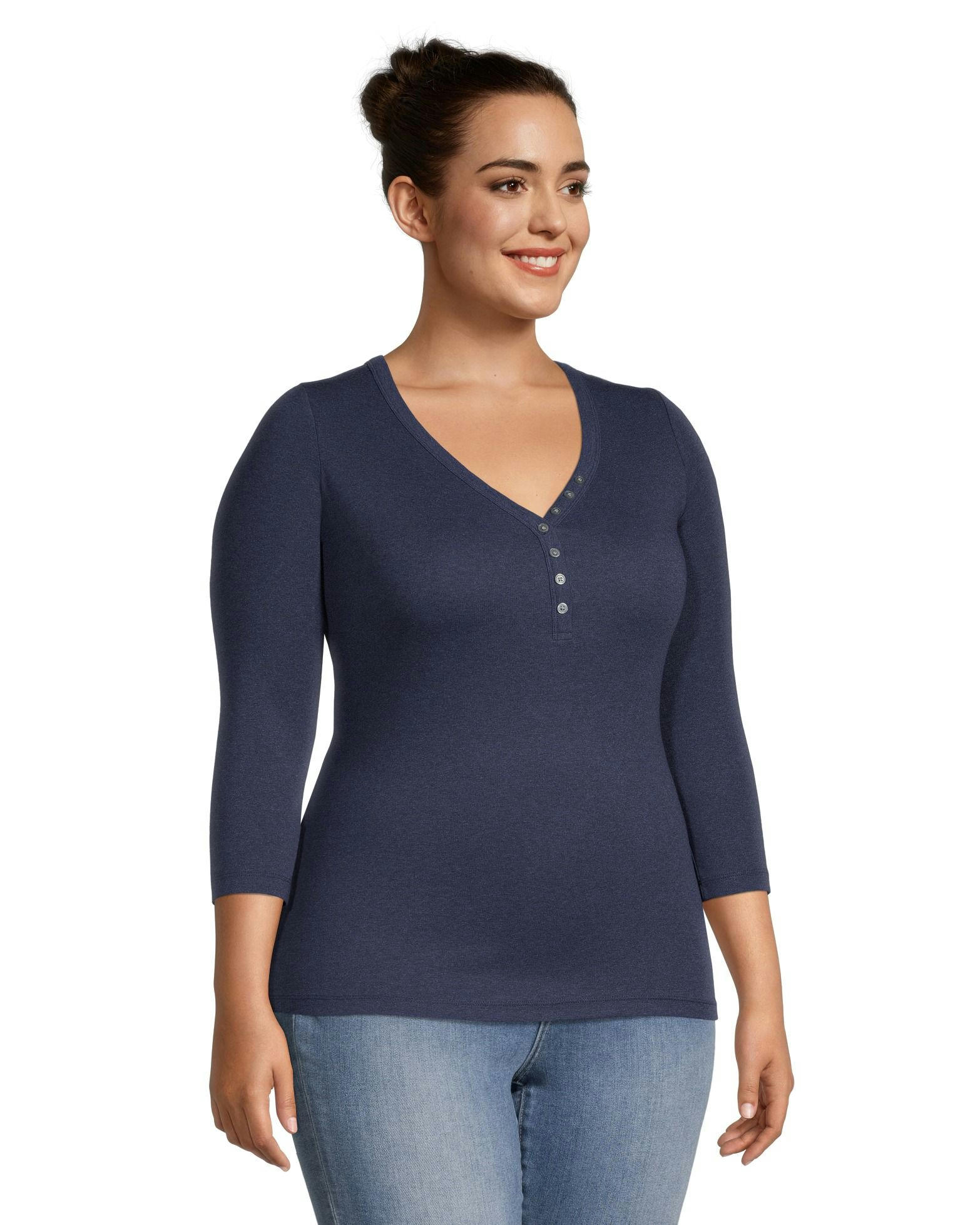 Denver Hayes Women's Three Quarter Sleeve Fitted Henley T Shirt