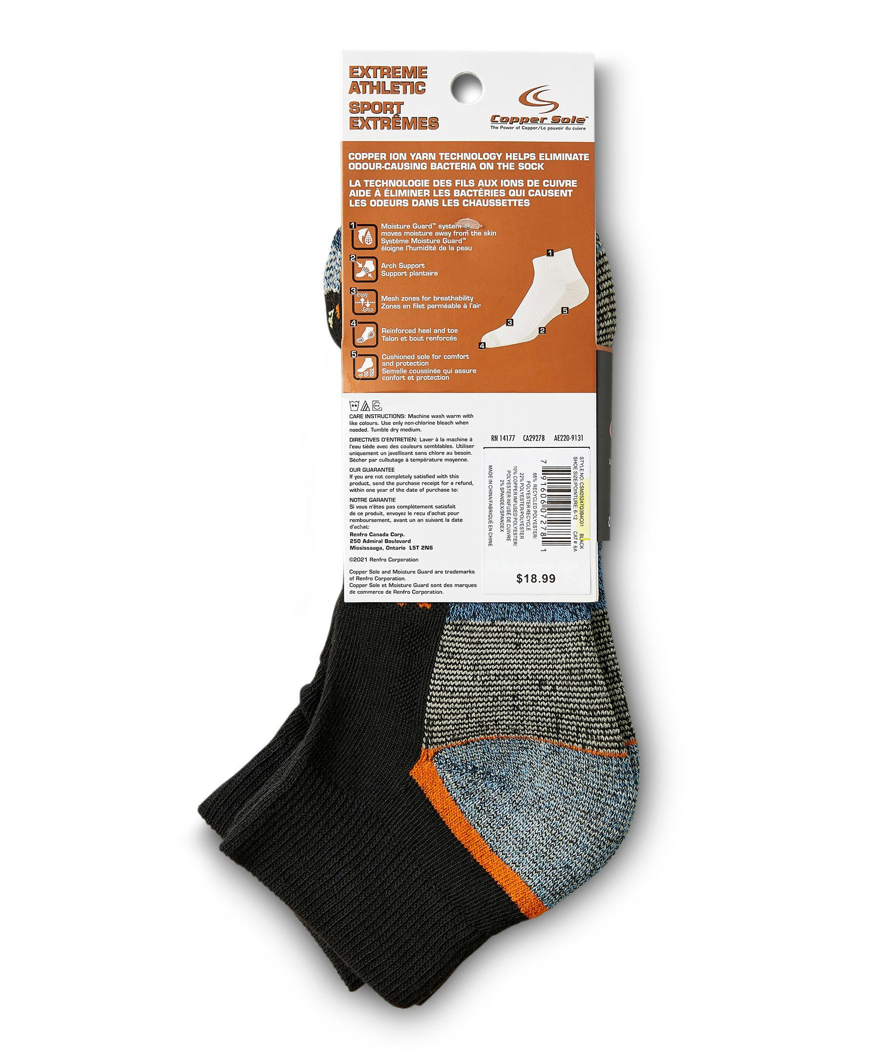 Copper Sole Men's 3 Pack Extreme Athletic Ankle Socks with Moisture Guard