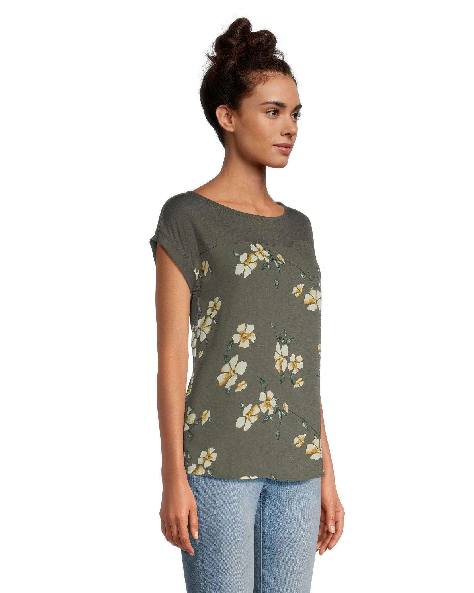 Denver Hayes Women's Mixed Media Printed Short Sleeve Blouse