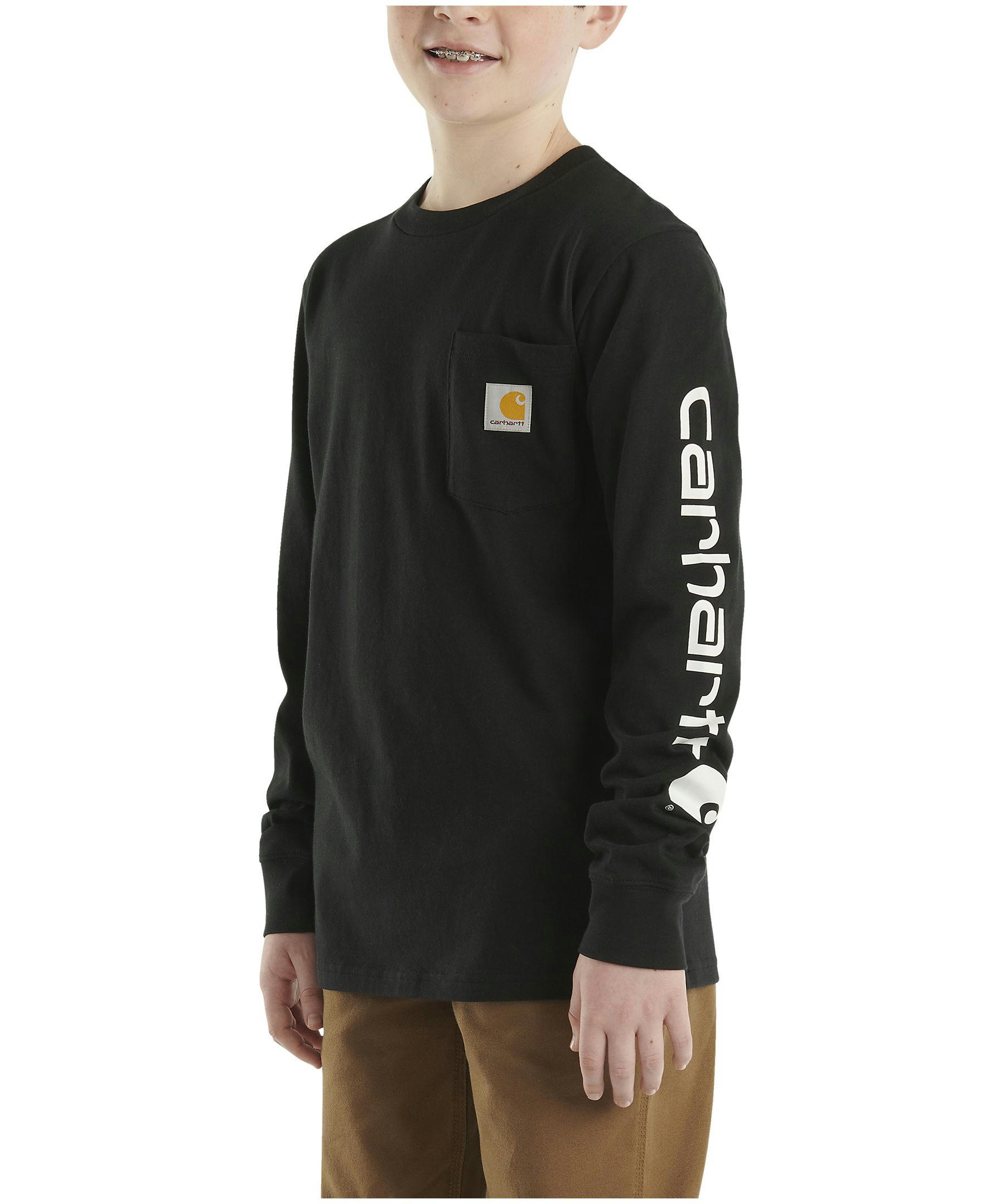 Carhartt Youth Boy's Long Sleeve Logo Pocket Crewneck T Shirt