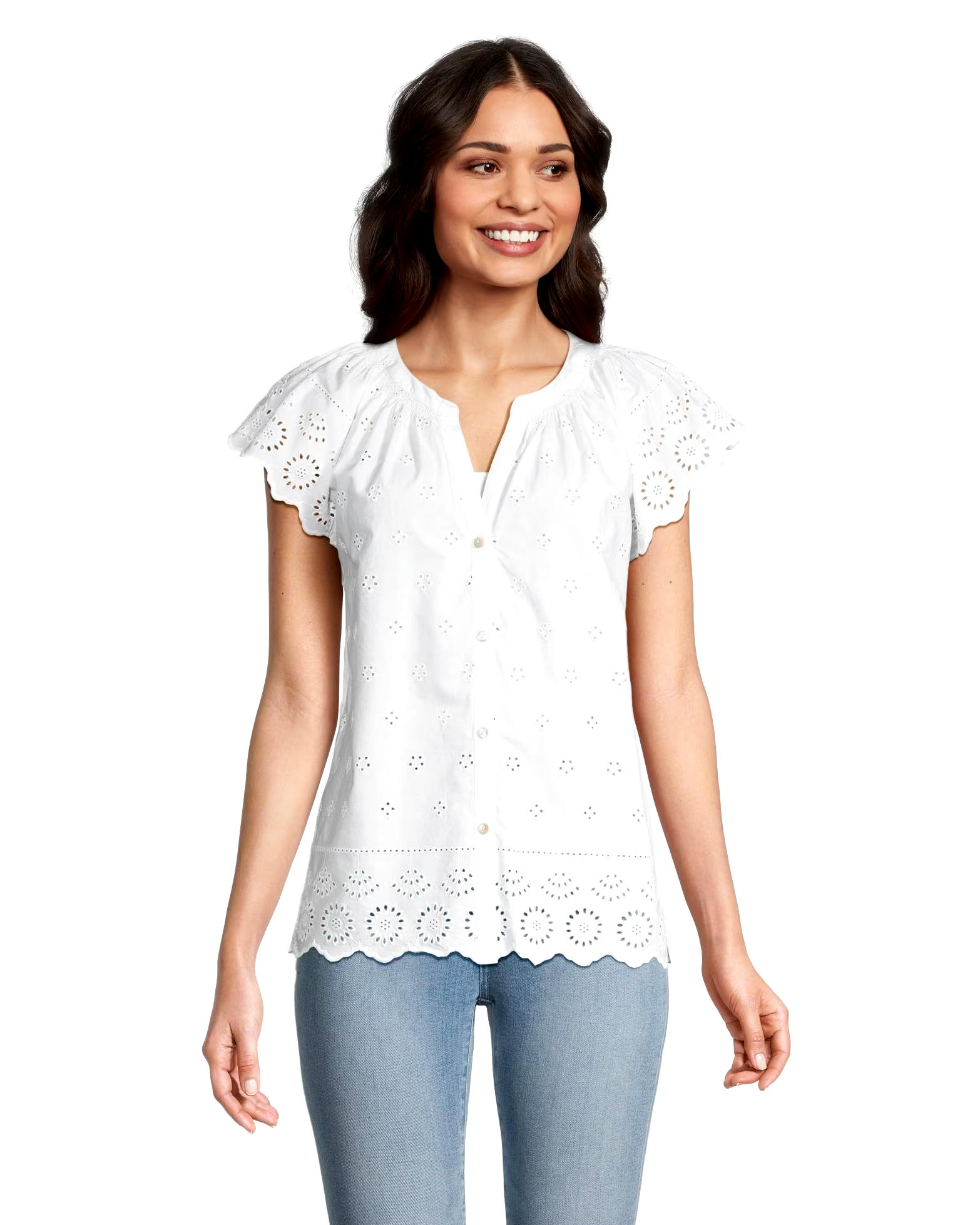 Denver Hayes Women's Embroidered Semi-Fitted Eyelet Cotton Blouse