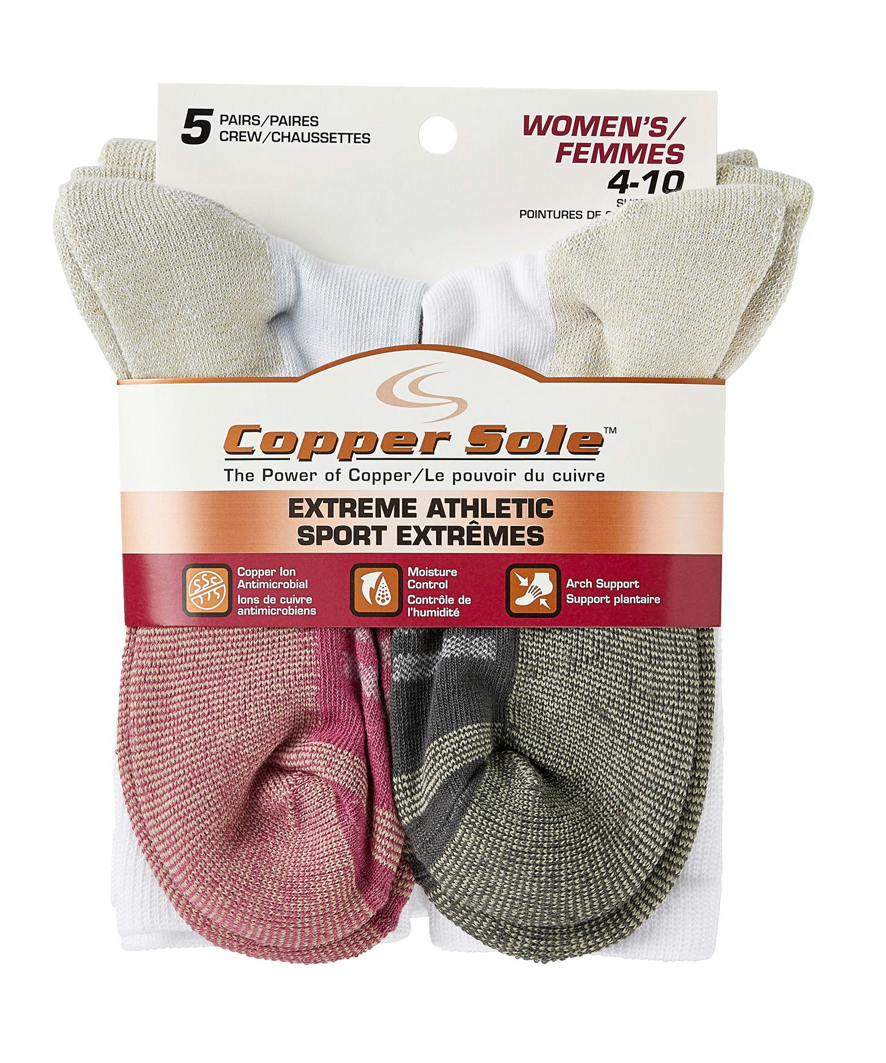 Copper Sole Women's 5 Pack Extreme Athletic Crew Socks