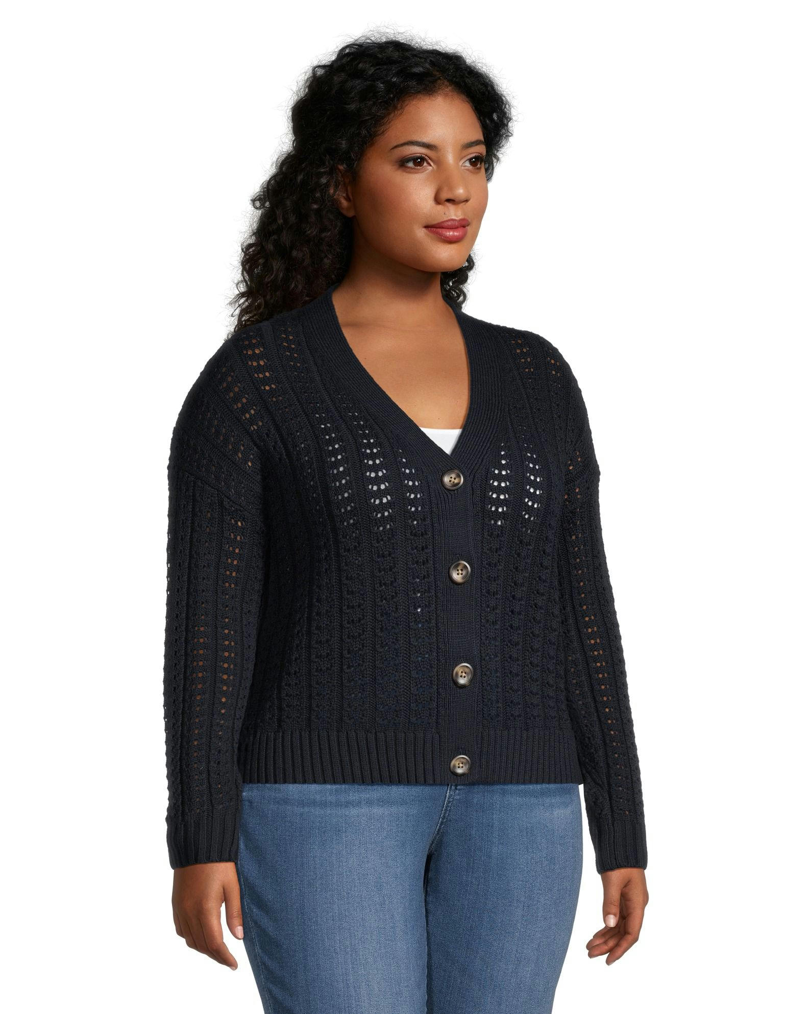 Denver Hayes Women's Semi Fitted Drop Shoulder Button Up Cardigan