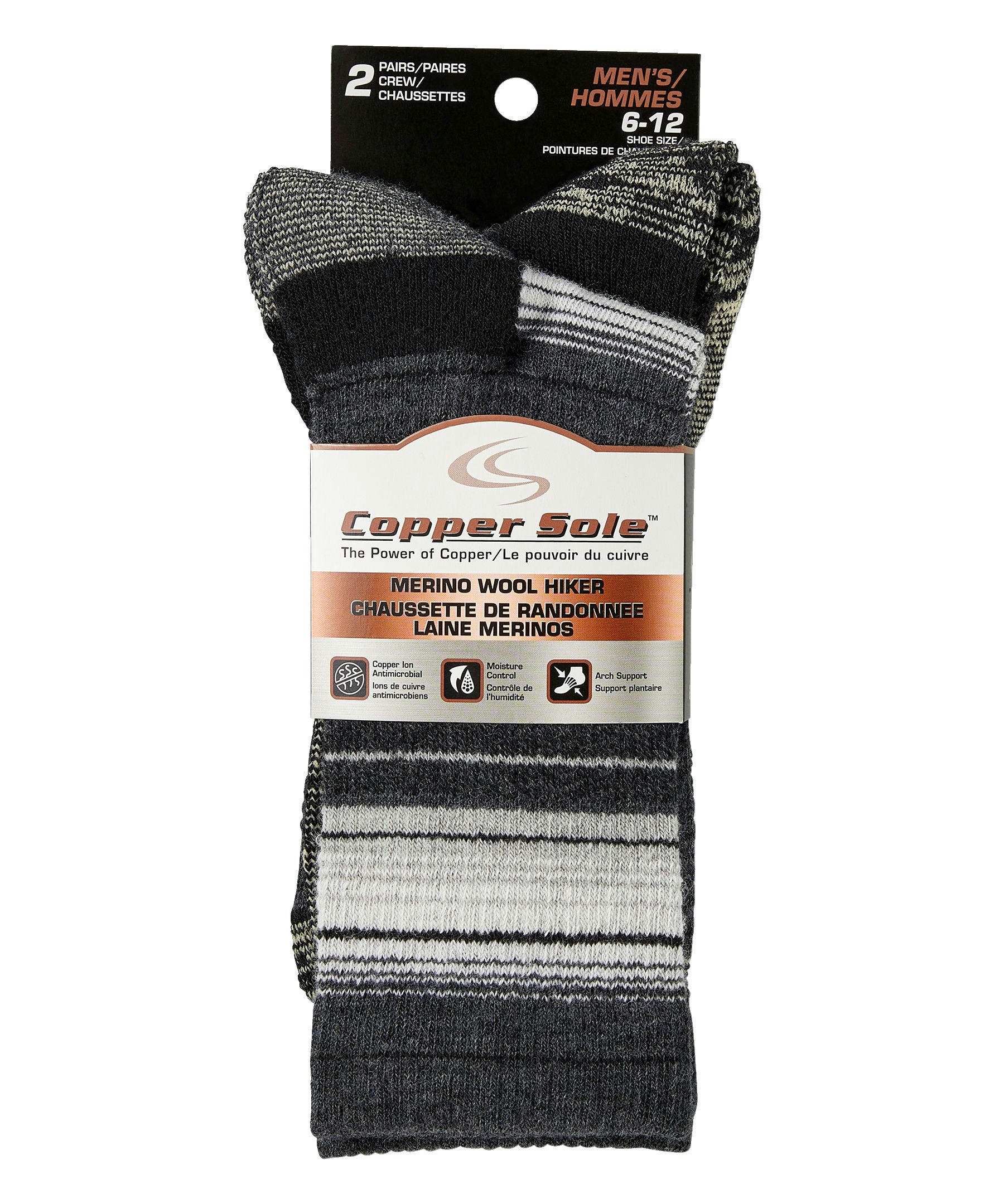 Copper Sole Men's 2 Pack Merino Wool Hiker Crew Socks