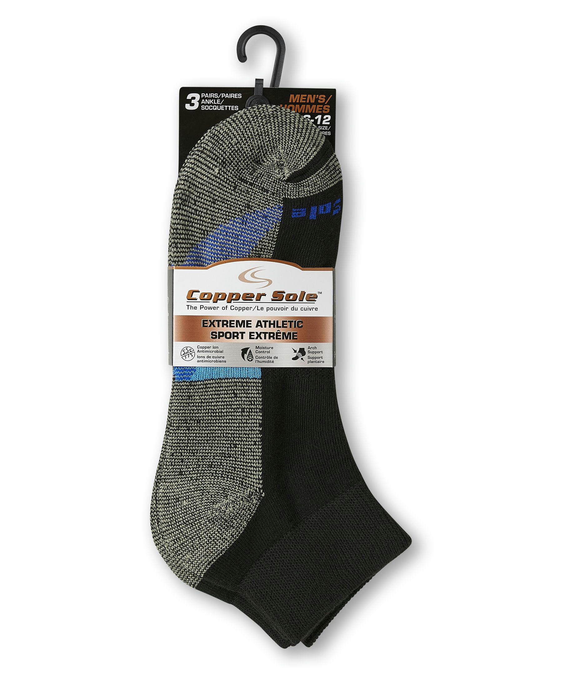 Copper Sole Men's 3 Pack Extreme Athletic Ankle Socks with Moisture Guard