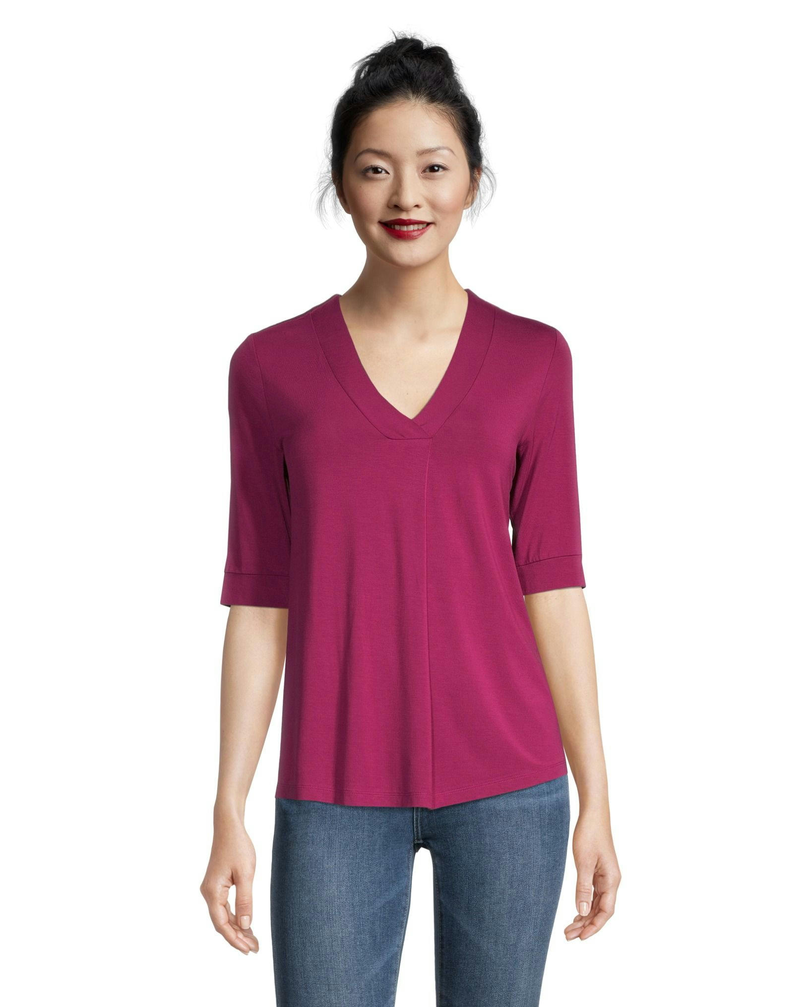 Denver Hayes Women's Pleat Detail Relaxed Fit V-Neck Top