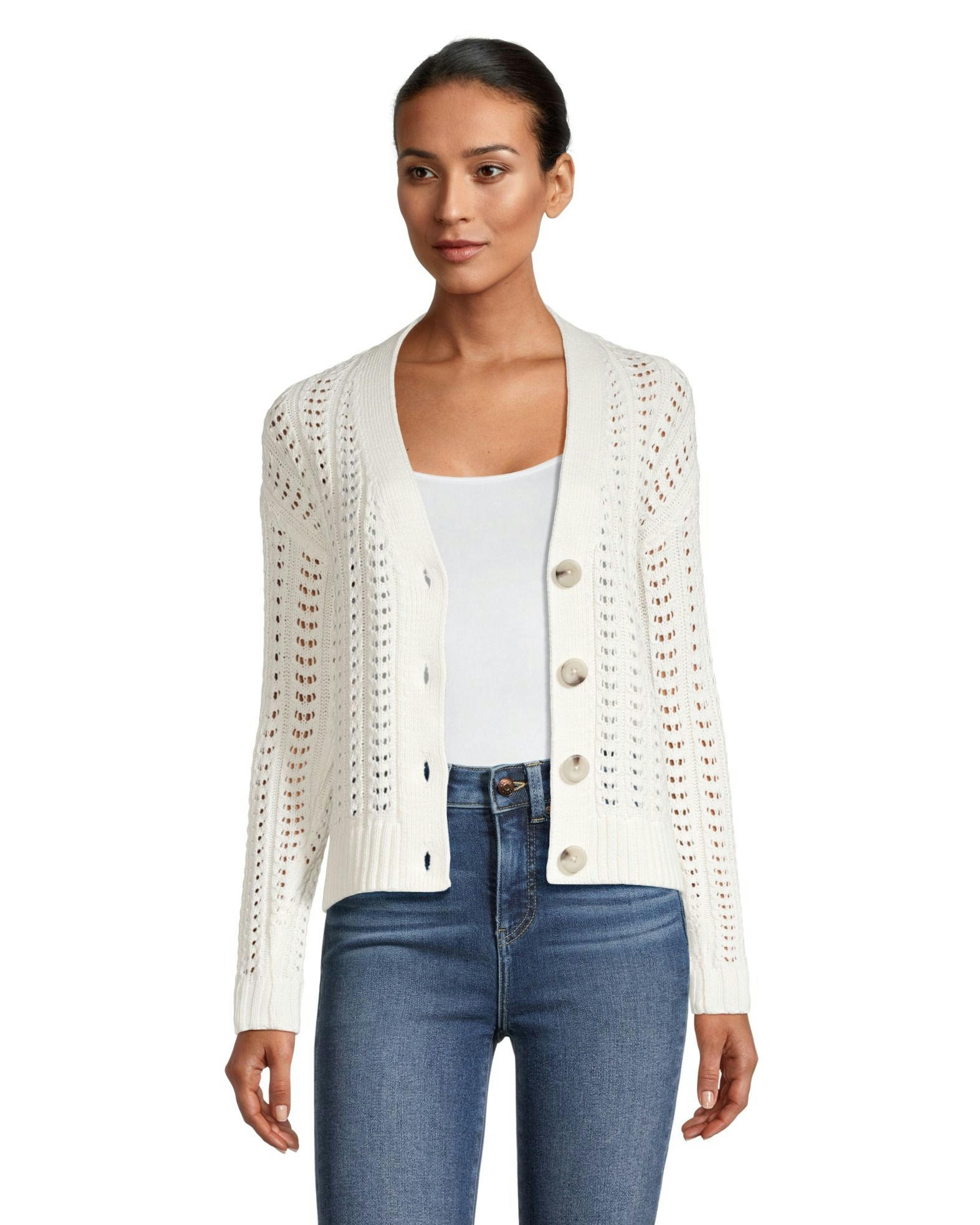 Denver Hayes Women's Semi Fitted Drop Shoulder Button Up Cardigan