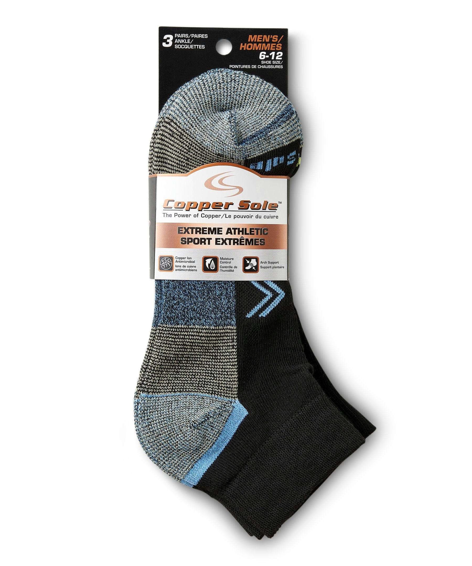 Copper Sole Men's 3 Pack Extreme Athletic Ankle Socks with Moisture Guard