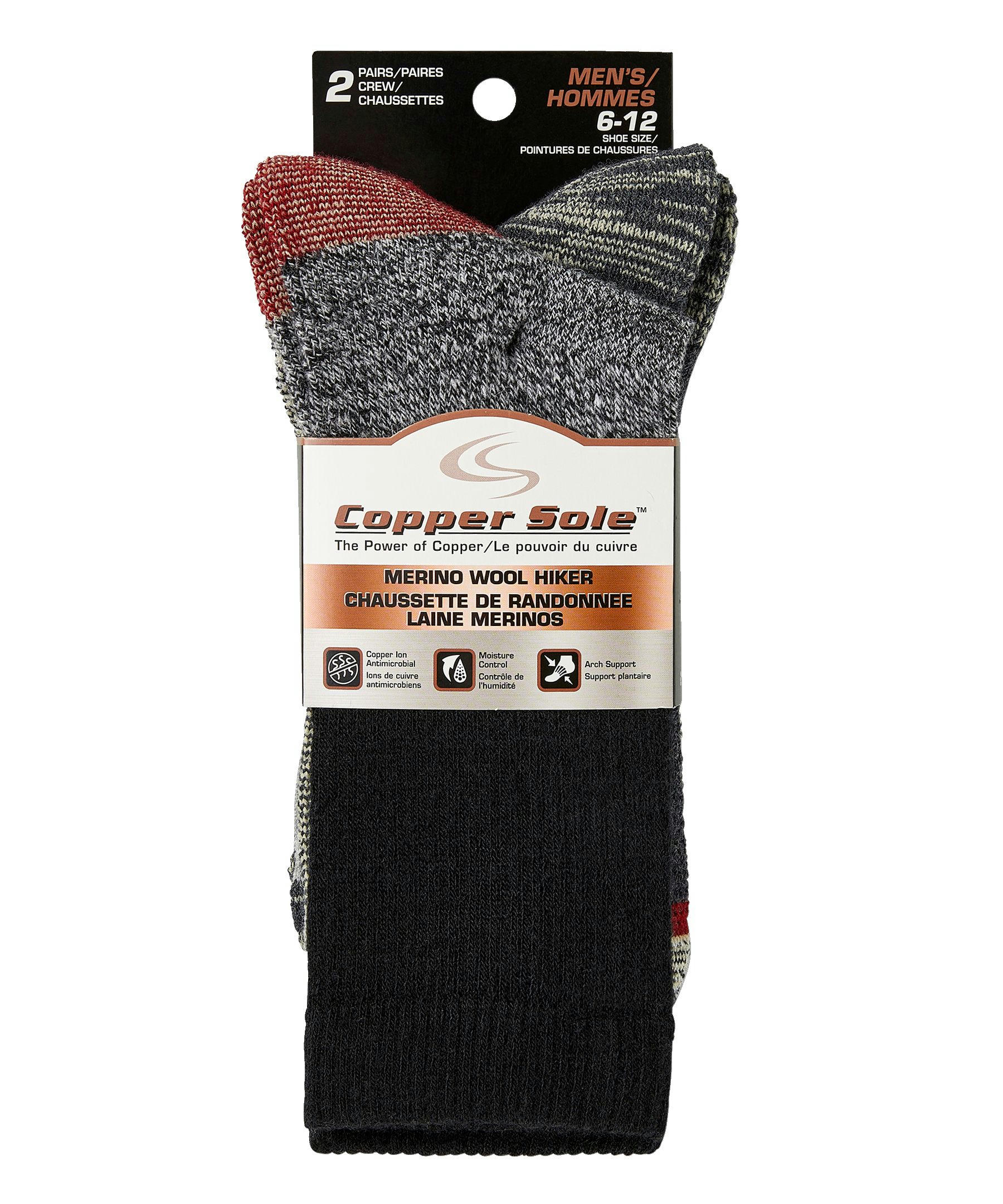 Copper Sole Men's 2 Pack Merino Wool Crew Socks