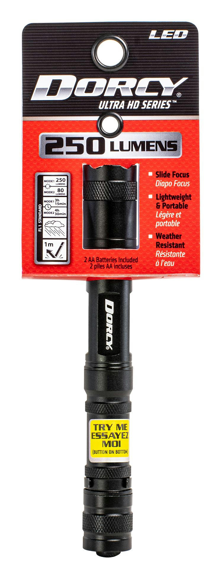 Dorcy 250 Lumens Aluminum Slide Focus Flashlight with 2AA Batteries