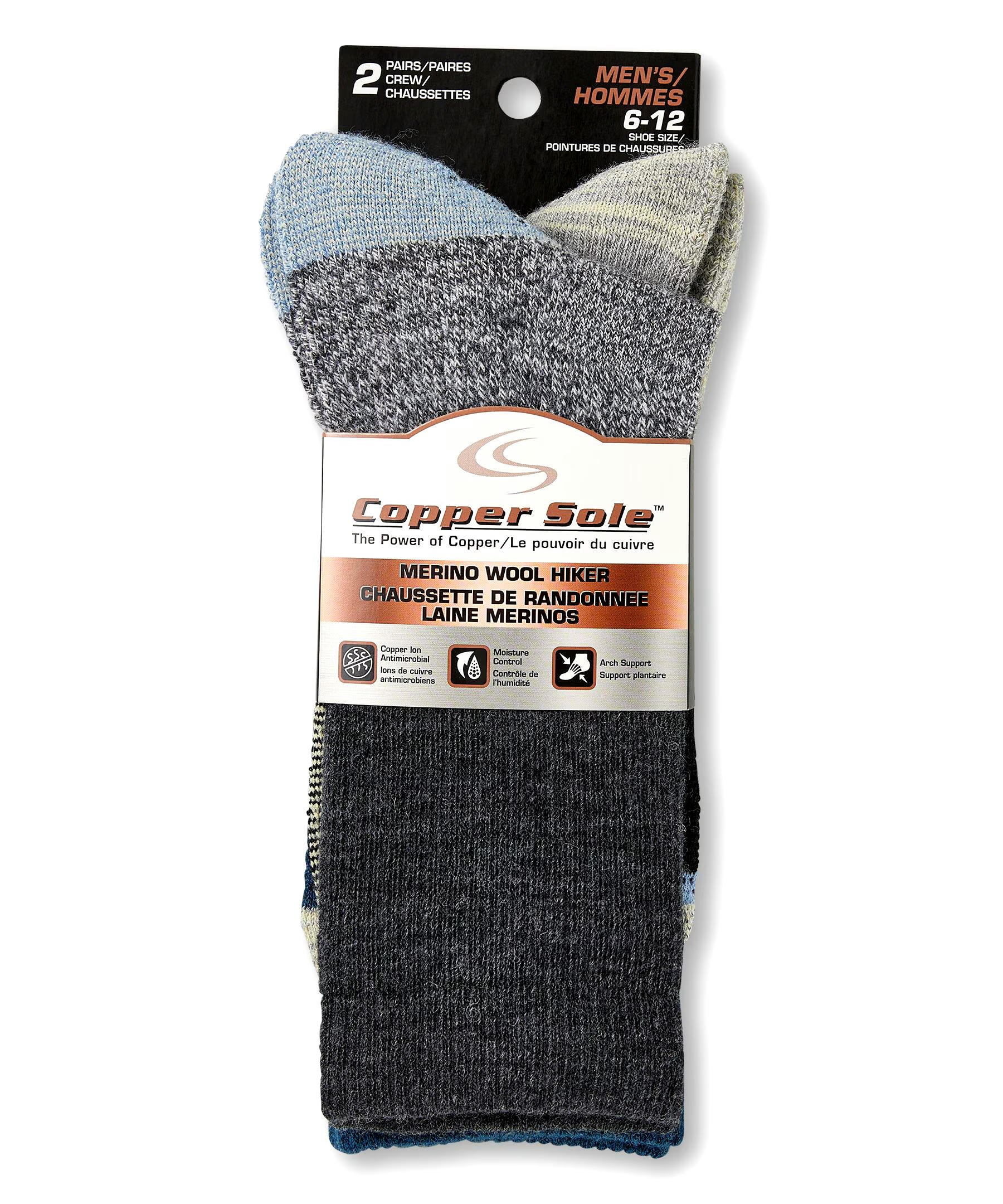 Copper Sole Men's 2 Pack Merino Wool Crew Socks
