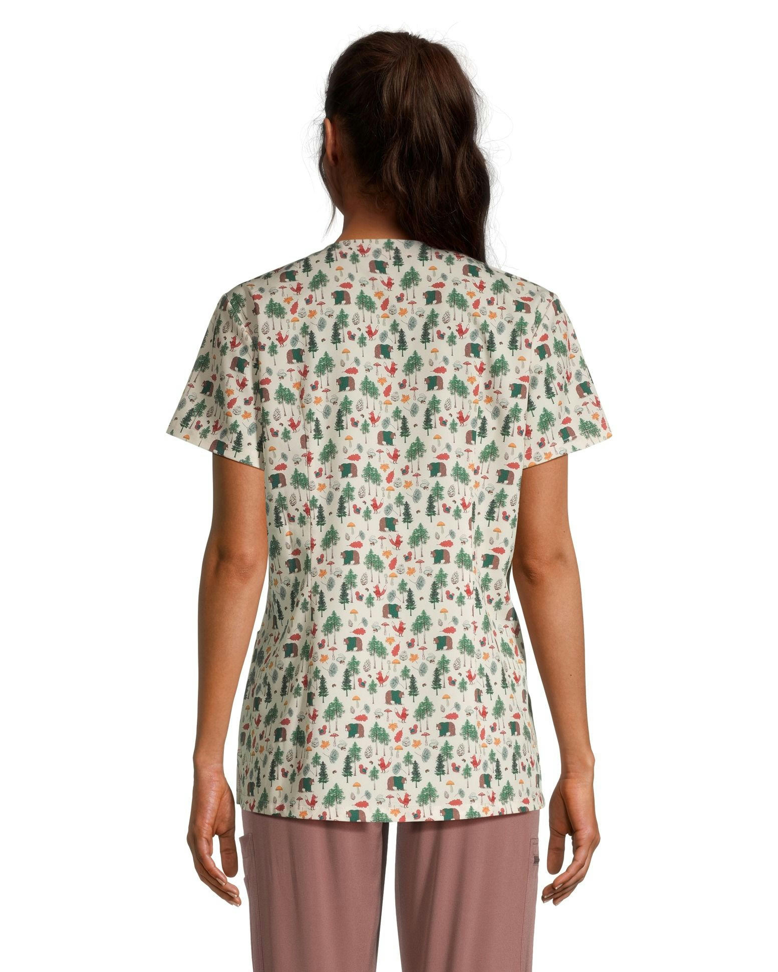 Scrubletics Women's Curved V-Neck Print Scrub Top - Forage Pals