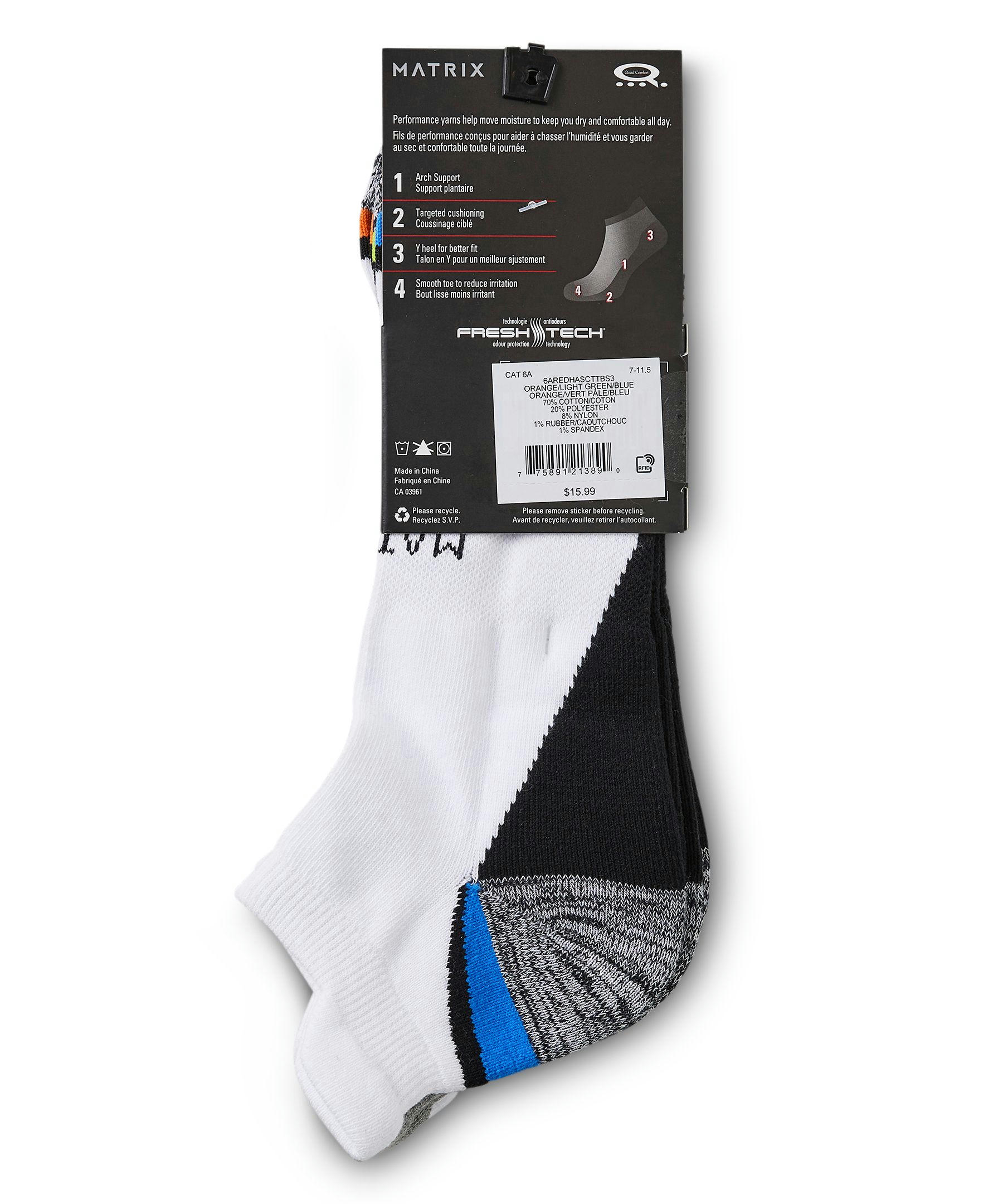 Men's 3 Pack FRESHTECH Low Cut Sport Socks with Tab