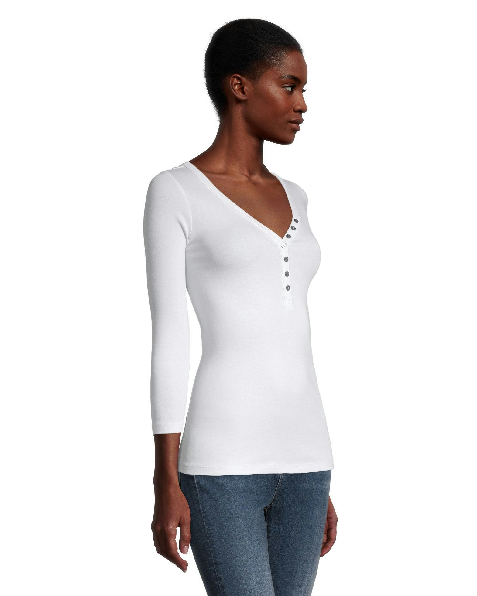 Denver Hayes Women's Three Quarter Sleeve Fitted Henley T Shirt