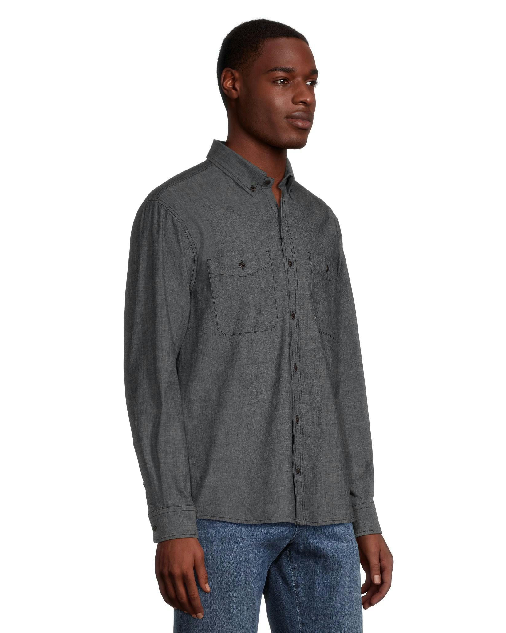 Denver Hayes Men's Modern Fit Long Sleeve Premium Stretch Woven Chambray Casual Shirt
