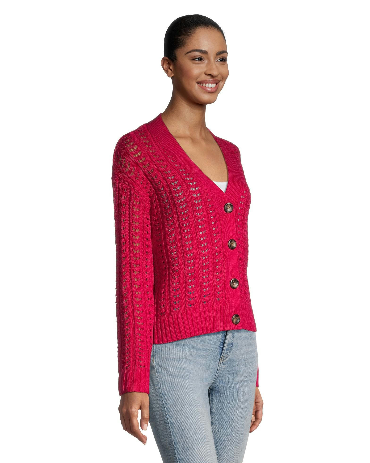 Denver Hayes Women's Semi Fitted Drop Shoulder Button Up Cardigan