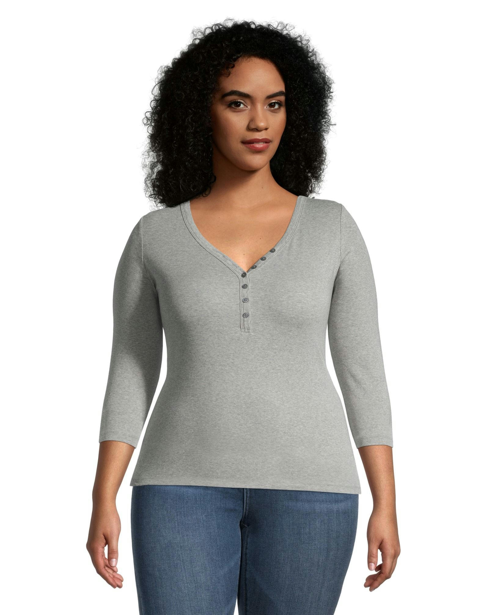 Denver Hayes Women's Three Quarter Sleeve Fitted Henley T Shirt