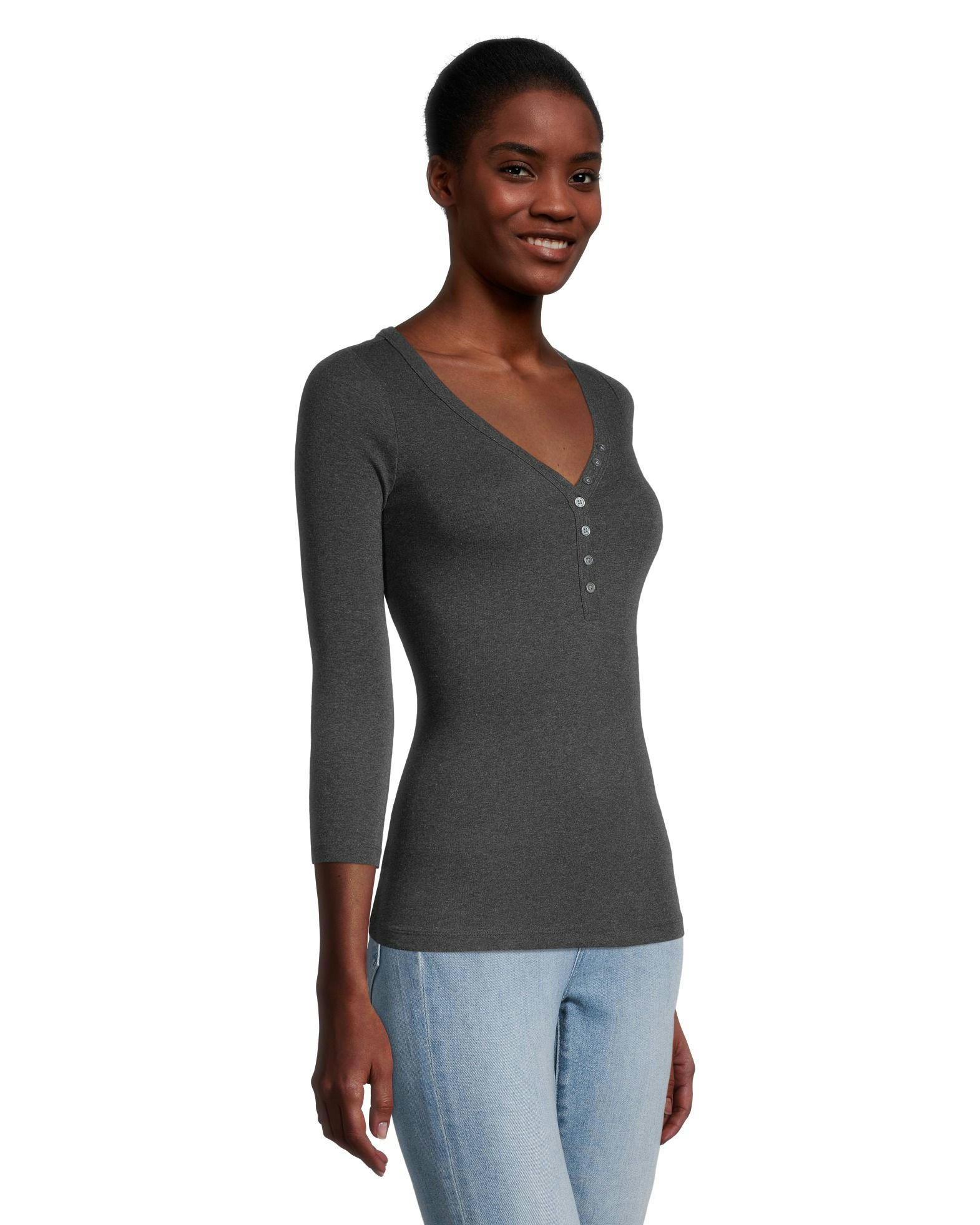 Denver Hayes Women's Three Quarter Sleeve Fitted Henley T Shirt