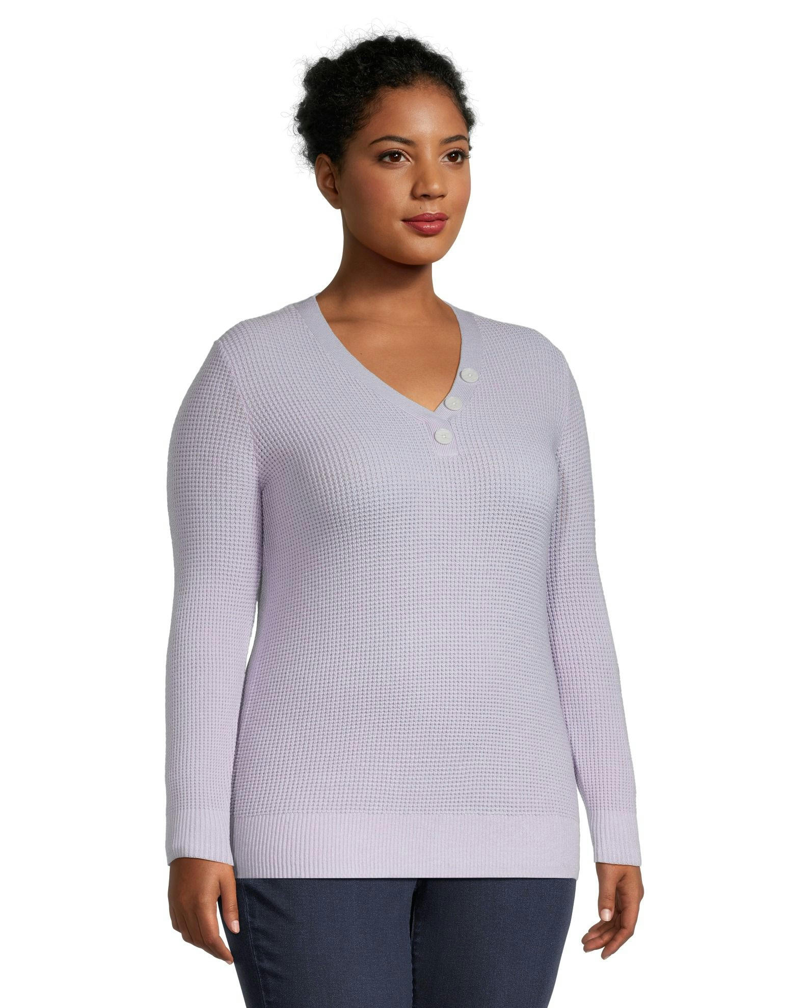 Denver Hayes Women's Fitted Long Sleeve V Neck Waffle Henley Sweater