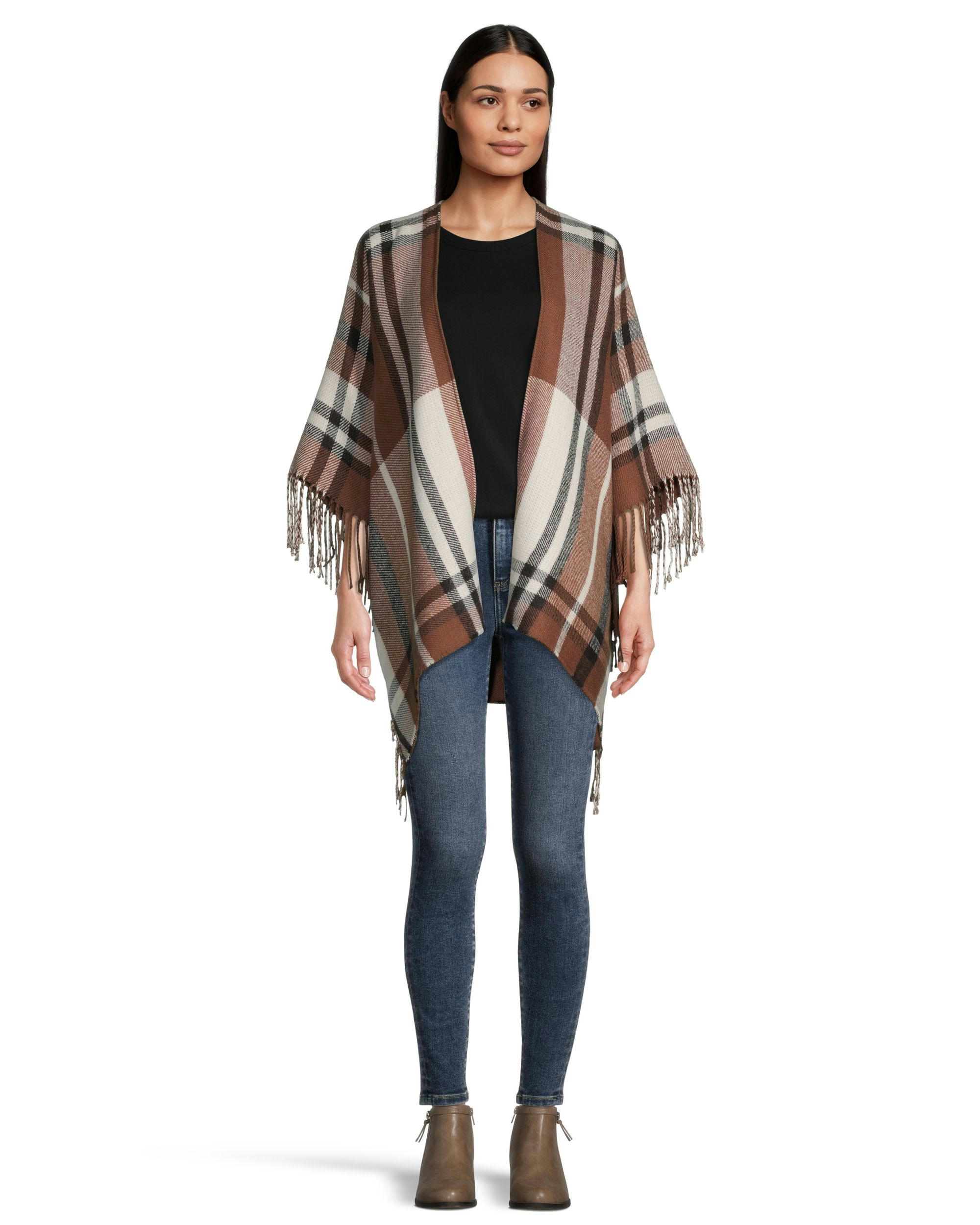 Denver Hayes Women's Plaid Fringe Ruana Shawl