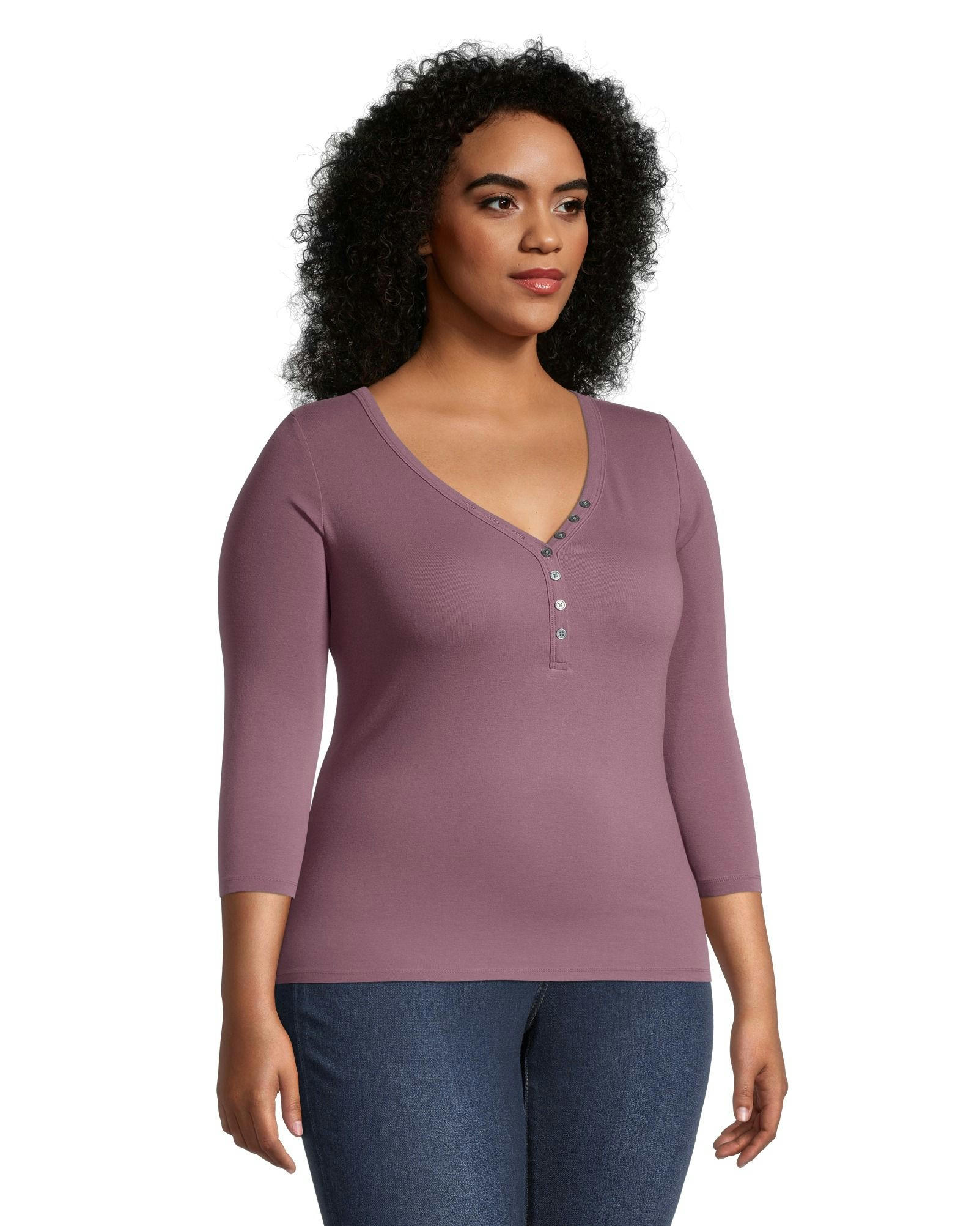 Denver Hayes Women's Three Quarter Sleeve Fitted Henley T Shirt