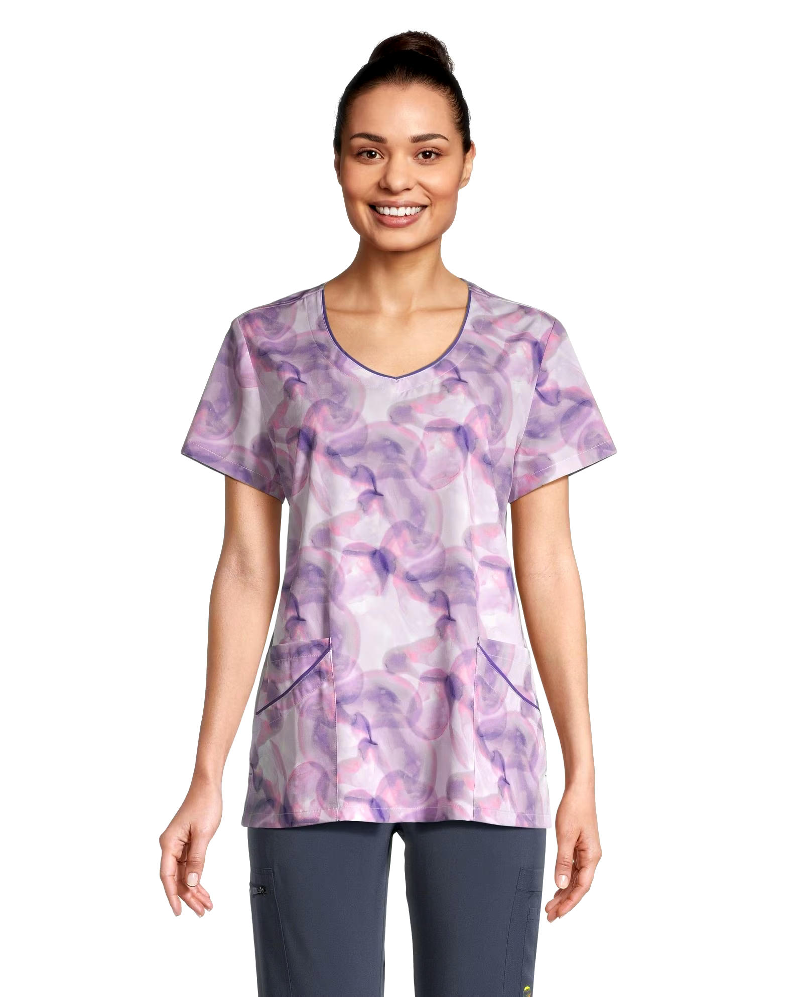 Scrubletics Women's Curved V-Neck Print Scrub Top - Easy Wave
